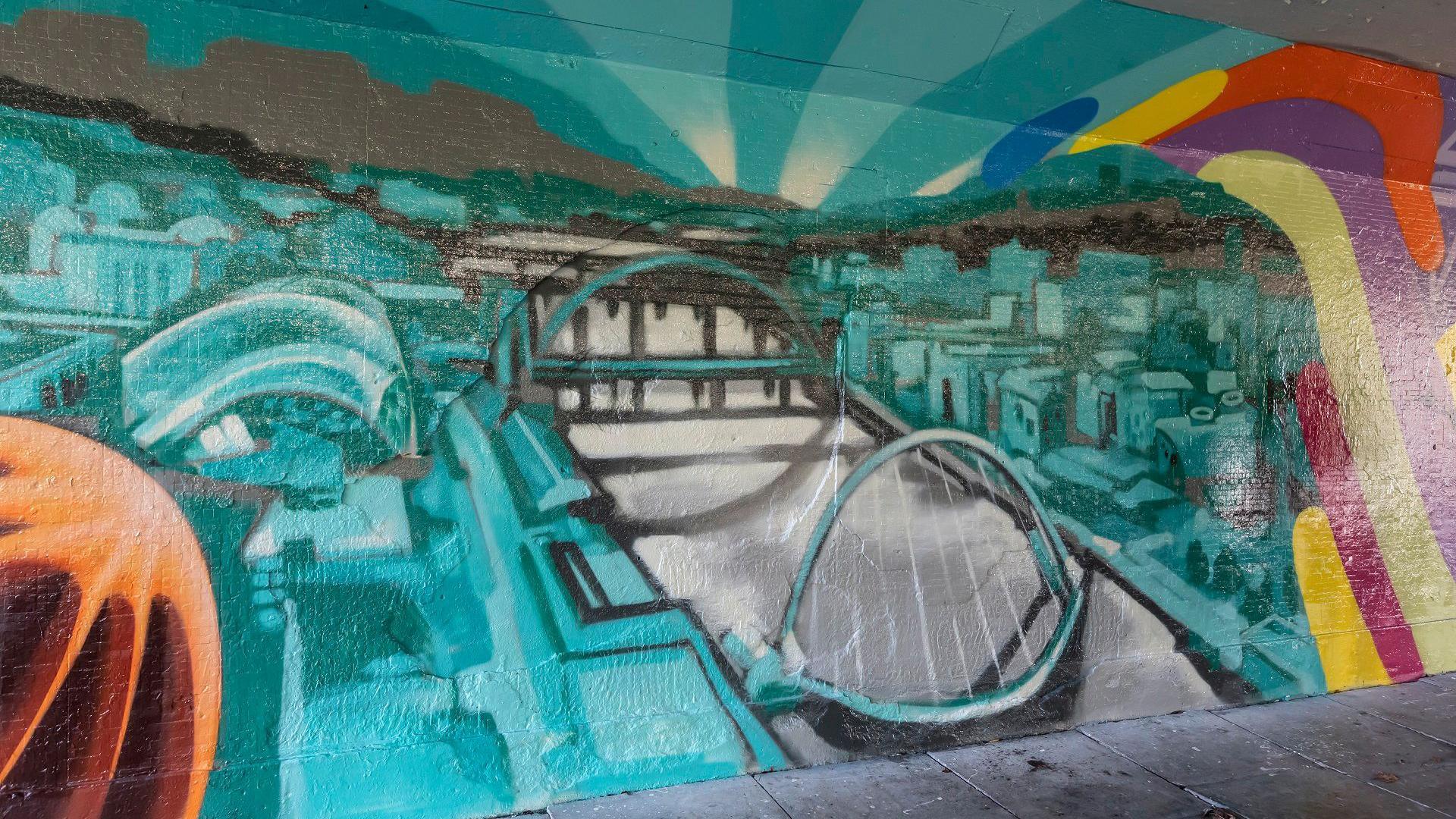 Mural showing the Tyne Bridge and Millennium Bridge as well as the Glasshouse International Centre for Music (formerly known as The Sage).