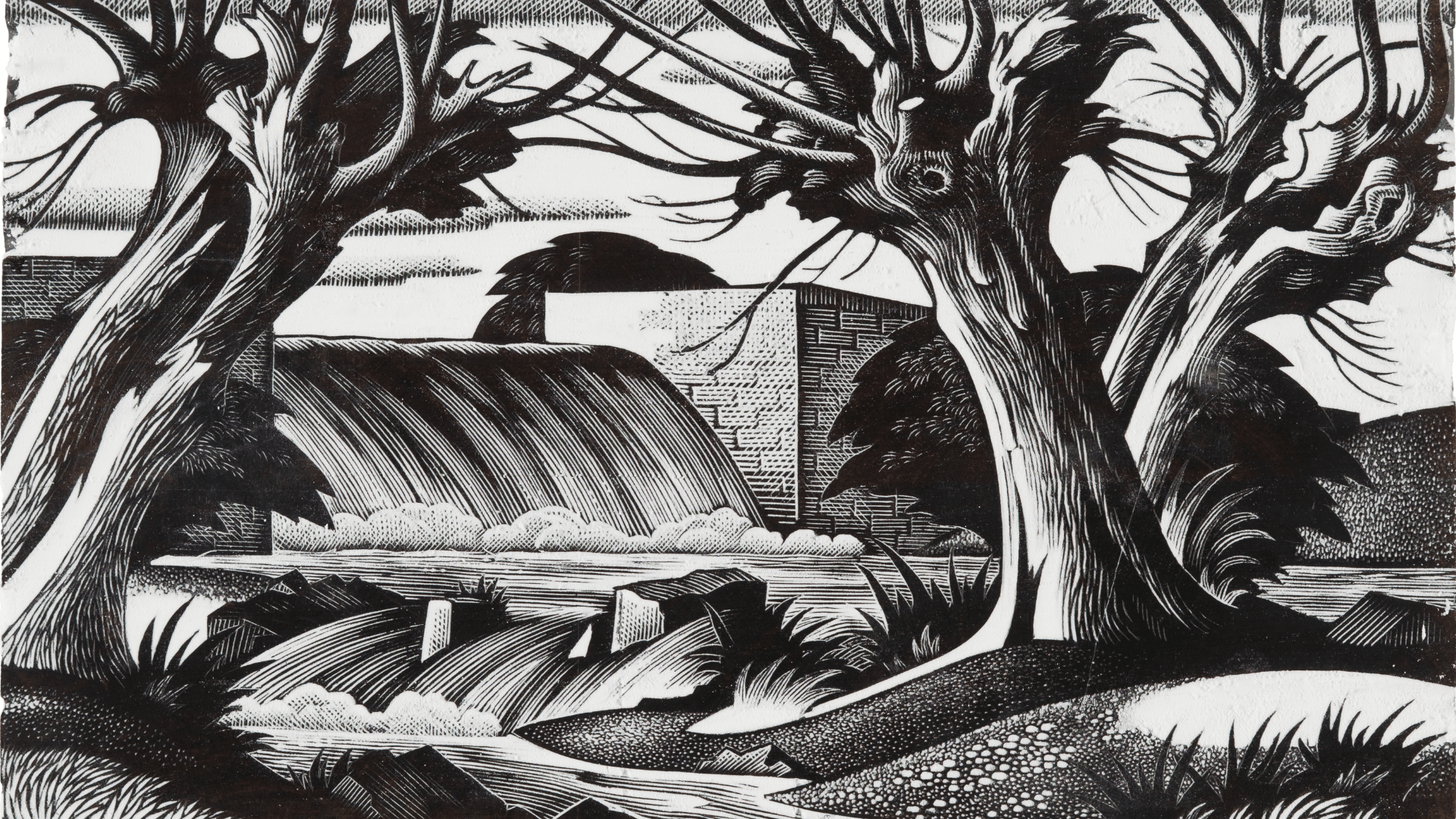 A print from an etching of a weir with some trees.