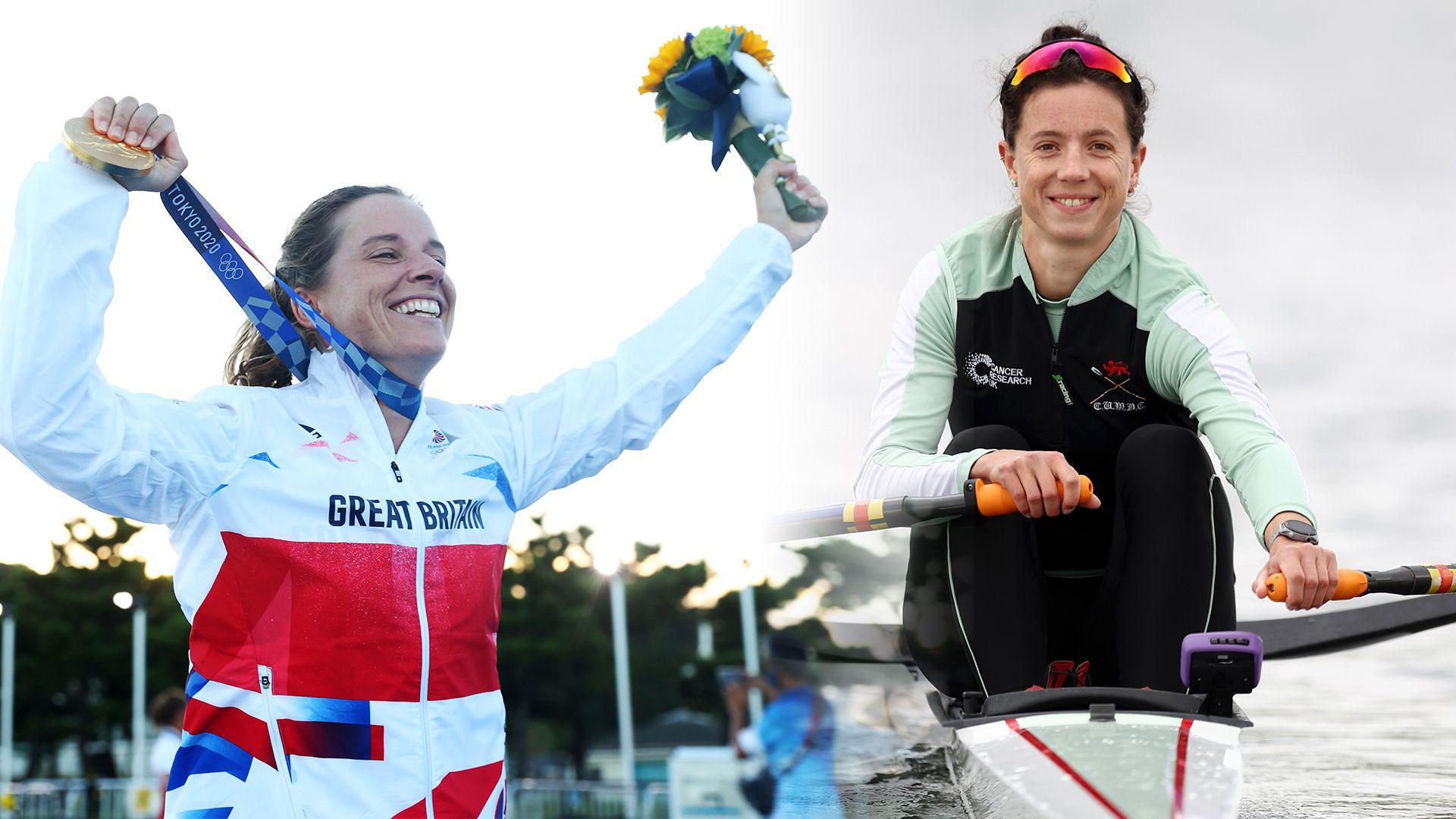 A combined image of Team GB sailor Hannah Mills winning an Olympic medal and rower Imogen Grant on the water