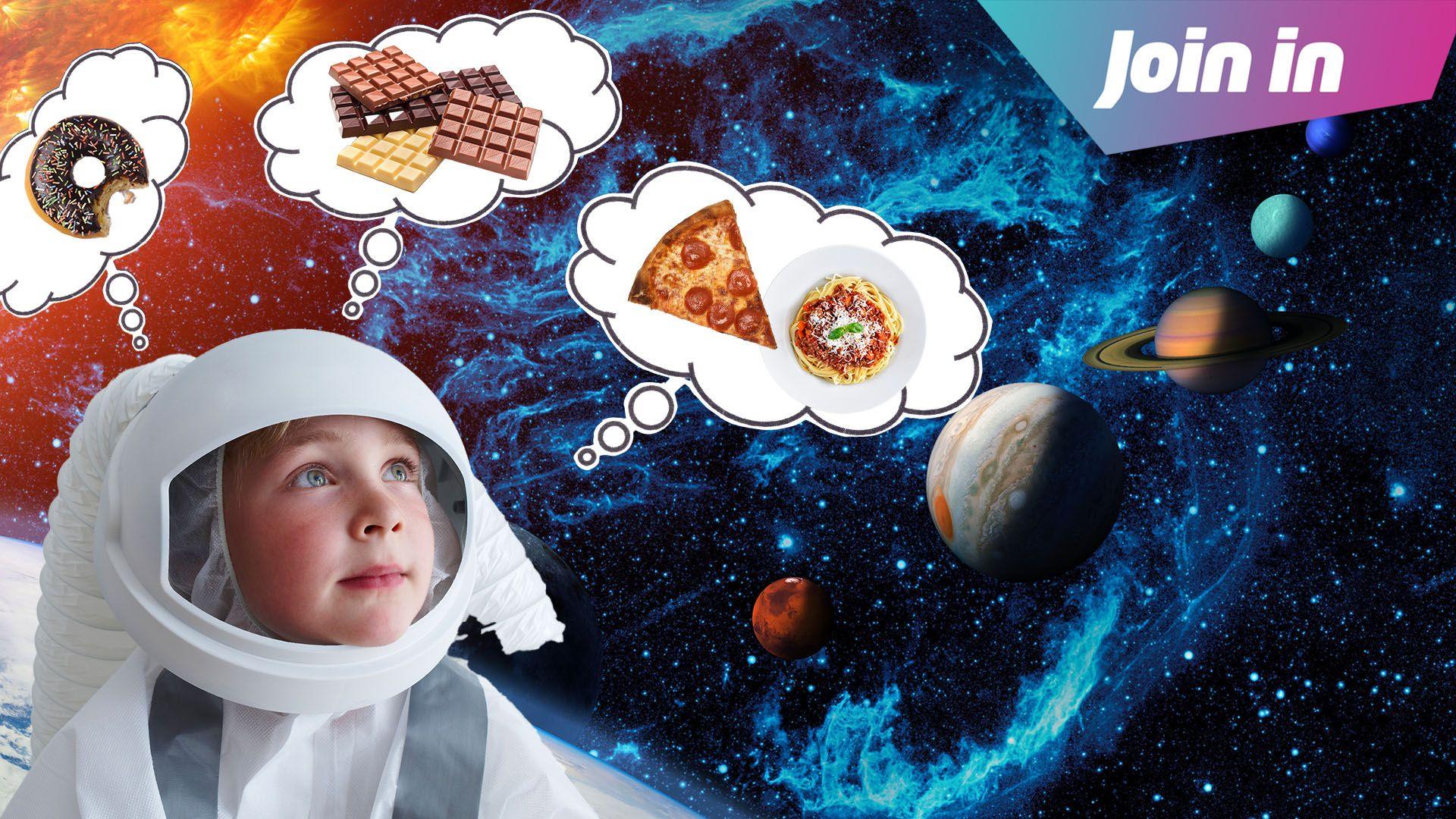 Boy dressed as an astronaut thinking about food in space