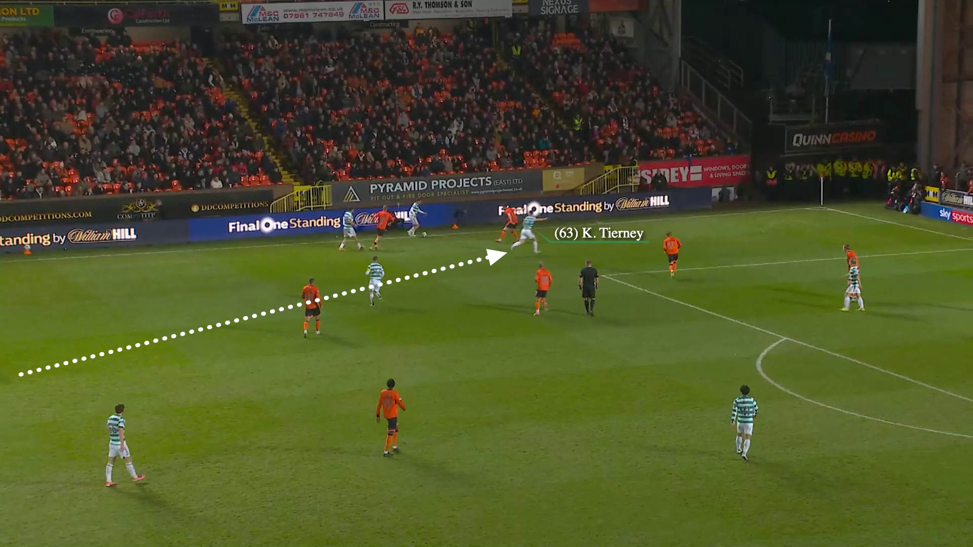 A screengrab from Celtic vs Dundee United in which Tierney has made a run from left central defence to the left wing to receive a pass before making a cross.