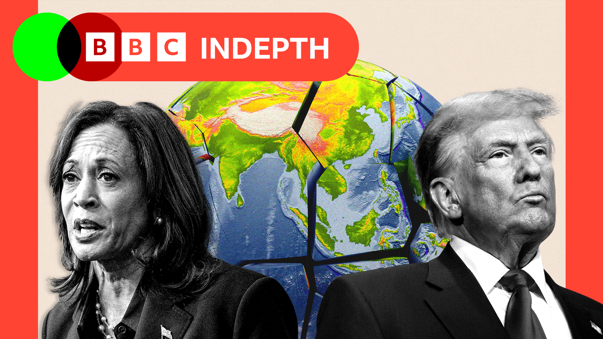 A treated image showing Kamala Harris and Donald Trump in front of a cracked globe