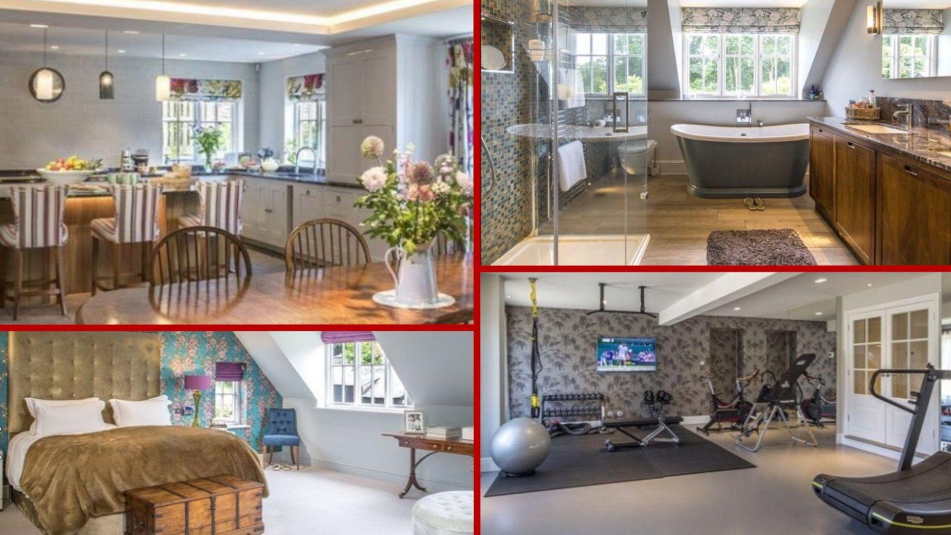 Photos of 4 beautiful rooms inside the large and lavish Hampshire home of Mark and Nicola Rowe. It shows a kitchen / dining room, a luxury bathroom, a dormer bedroom and an indoor gym. The couple have since sold the house.