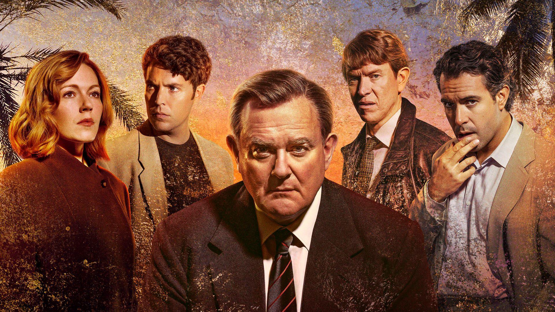 A composite image of five people in front on palm trees featuring Charlotte Spencer, Tom Hughes, Hugh Bonneville, Sam Spruell  and Tom Cullen in business wear