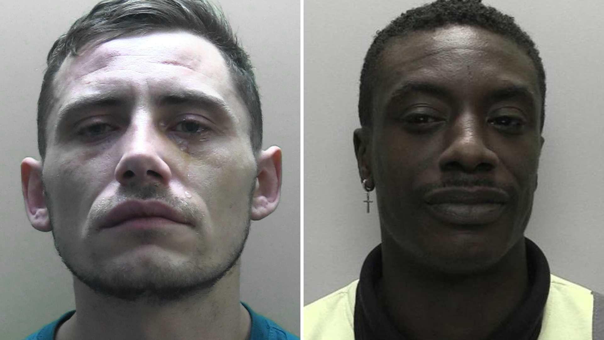 Police mugshots of a man with a pale face and a light beard and moustache with a blue top and shedding tears and another man who is black with a crucifix earring and a yellow and black top.