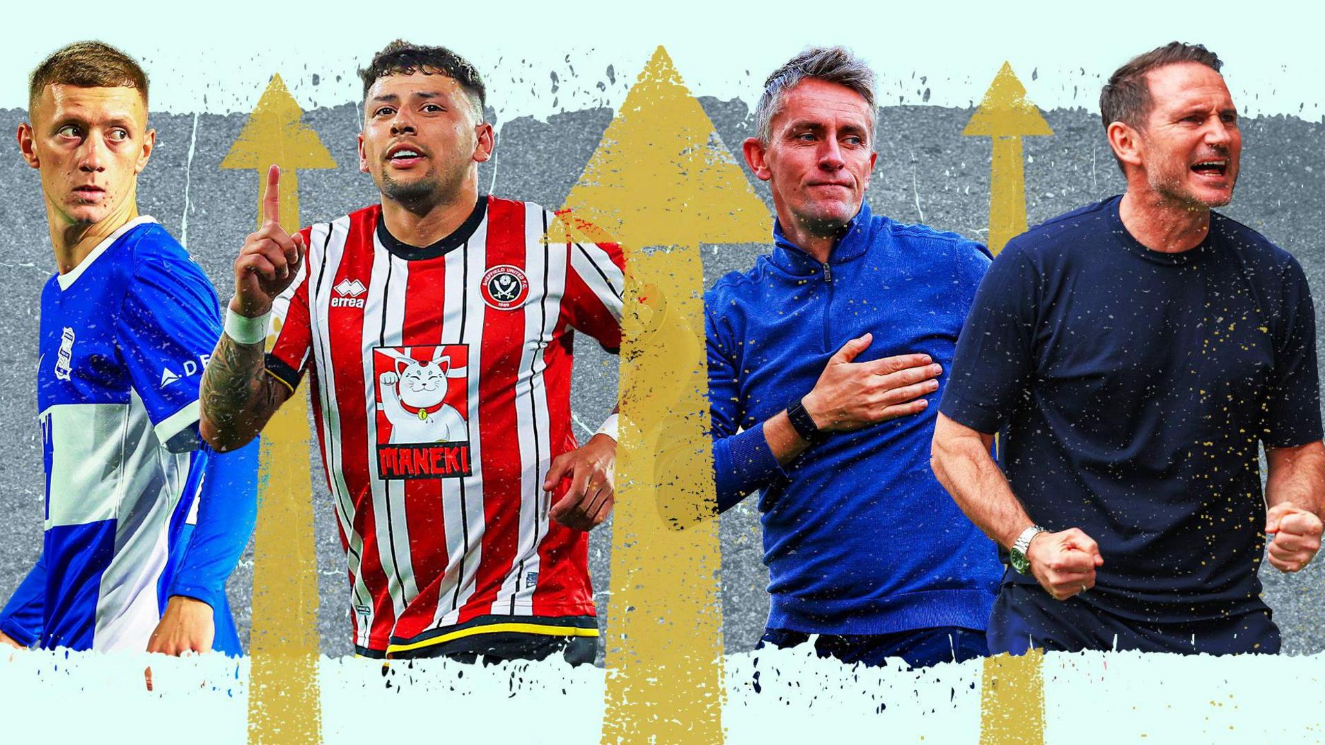 (Left to right) Birmingham striker Jay Stansfield, Sheffield United midfielder Gustavo Hamer, Ipswich head coach Kieran McKenna and Coventry boss Frank Lampard.