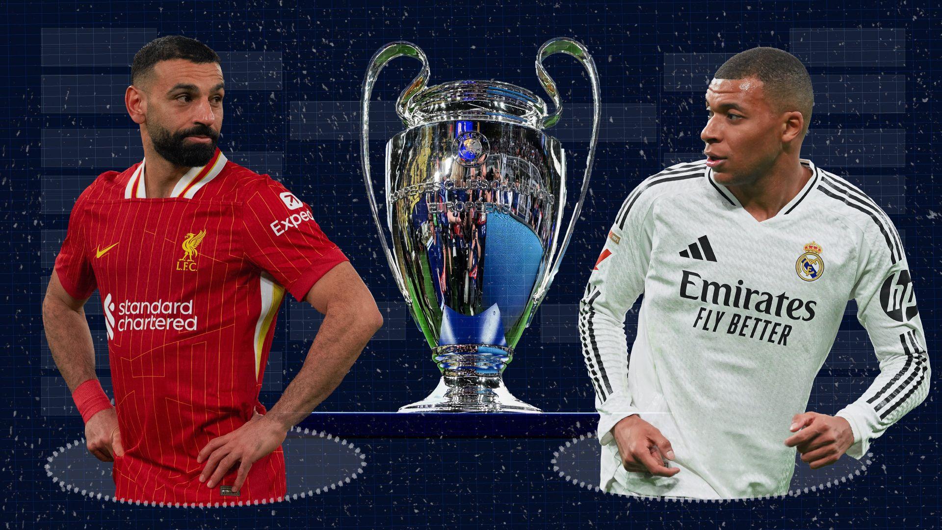 A composite photo showing Liverpool's Mohamed Salah, the Champions League trophy and Real Madrid's Kylian Mbappe