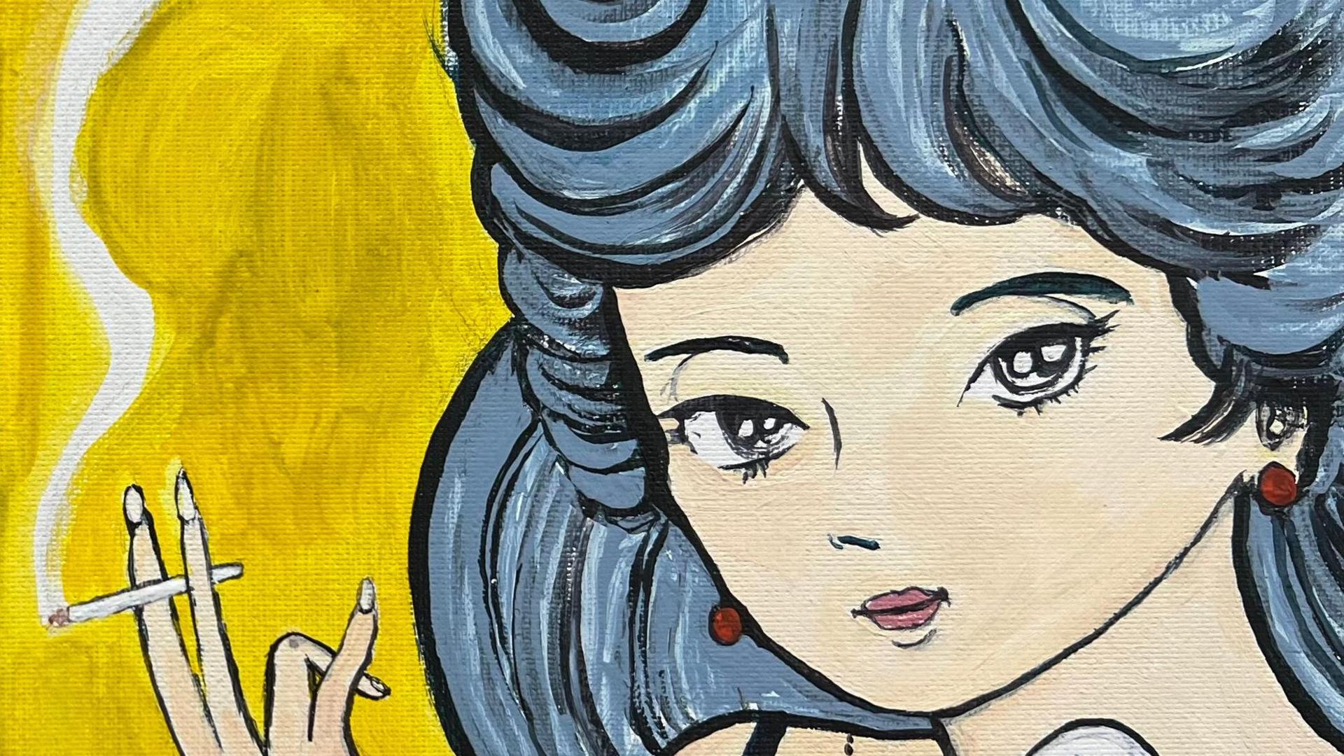 Cartoon depiction of a young woman with blue-grey hair holding a cigarette between her index and middle fingers against a yellow background