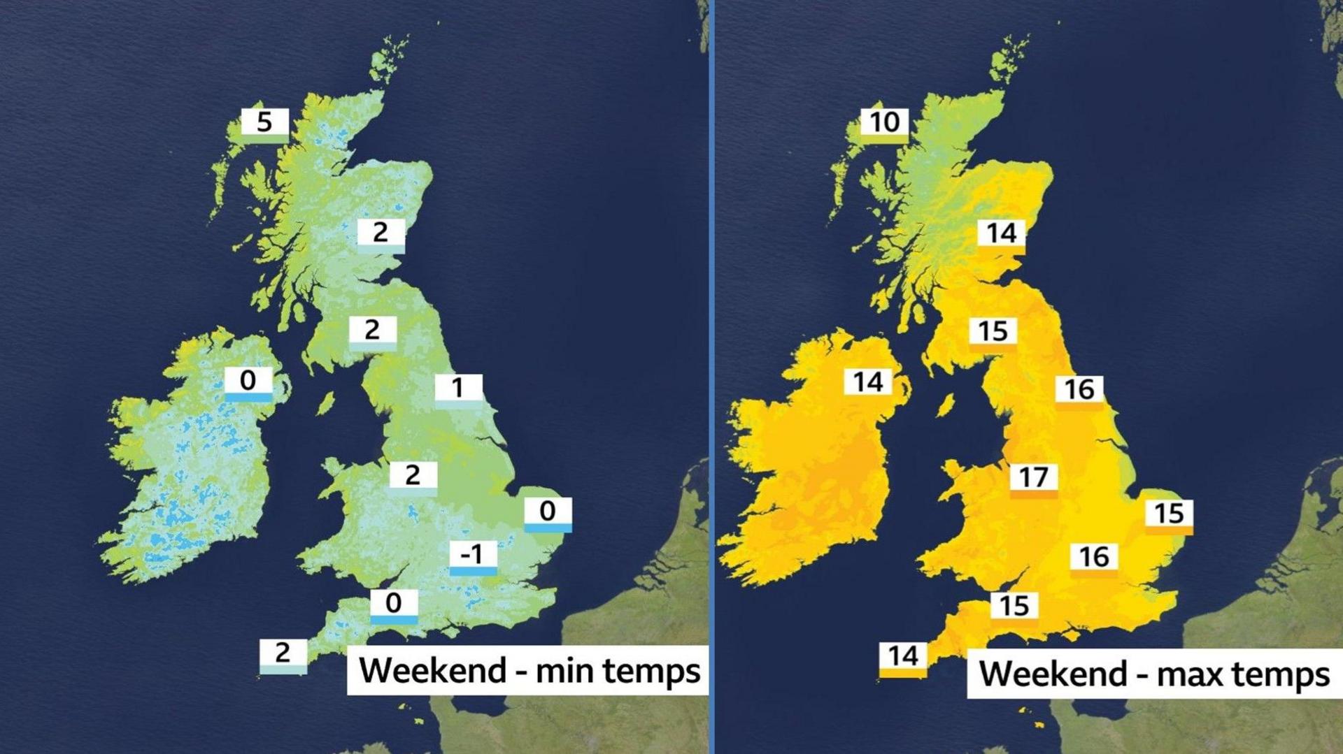 Two maps of UK showing minimum temperatures of between -1 and 5 C and maximum temperatures between 10 and 17C