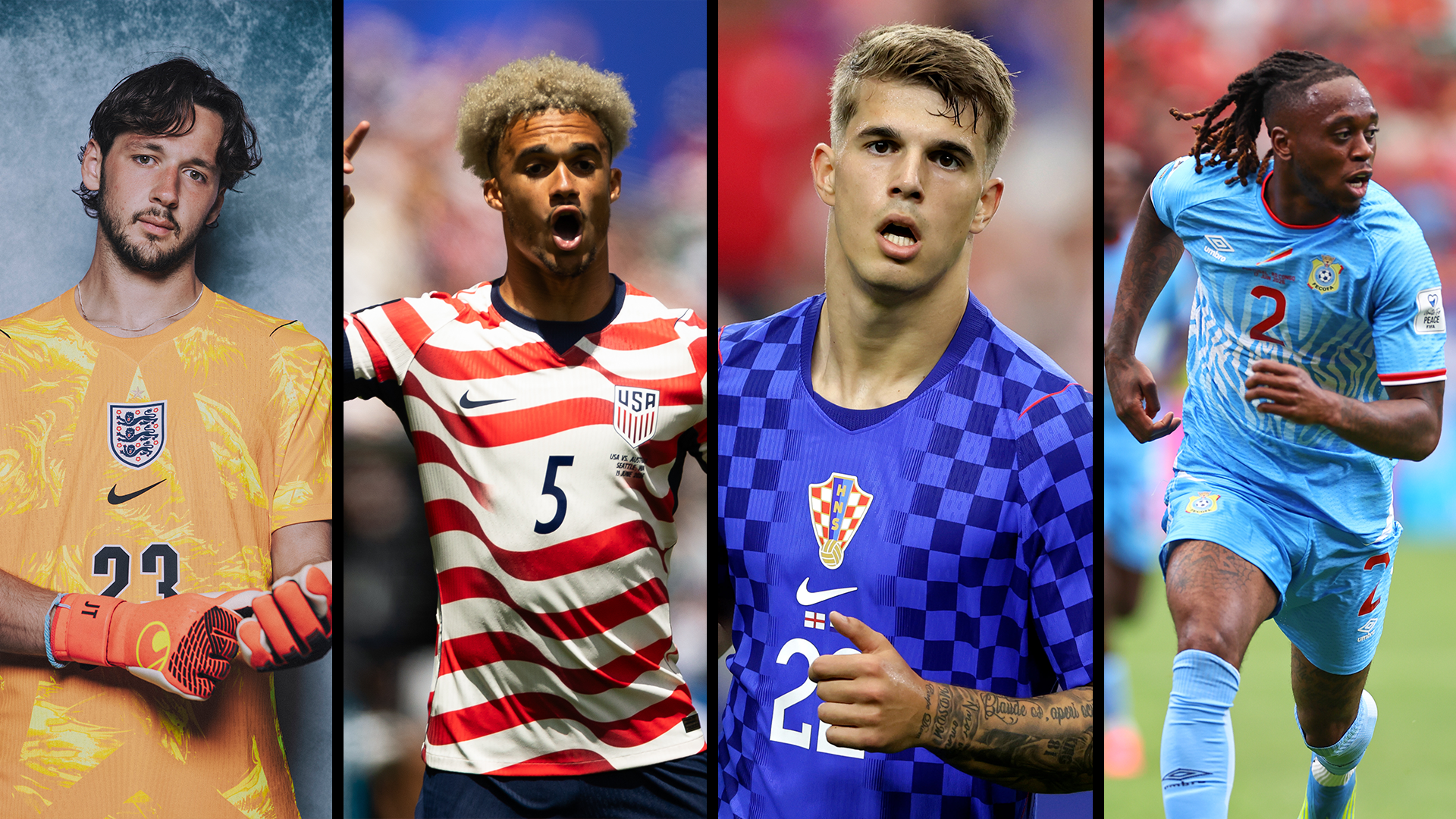 Composite image showing England goalkeeper James Trafford, USA left-back Antonee Robinson, Croatia centre-back Luka Vuskovic and DR Congo defender Aaron Wan-Bissaka in their respective World Cup kits