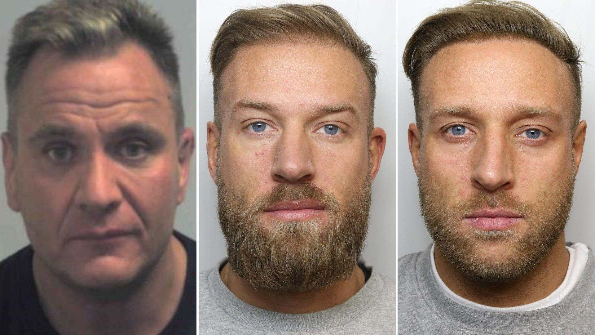 Police mugshots of Carl Messen and twin brothers Benjamin Richardson and Thomas Richardson. Messen is wearing a black t-shirt and has short brown hair. Both Richardson brothers are wearing grey jumpers. They have light brown beards, short light brown hair and blue eyes.
