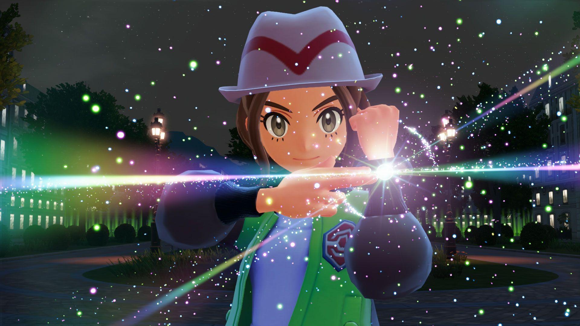 a screengrab from the Pokémon Legends: Z-A game with a character appearing to touch a light on their wrist in the middle of a town square