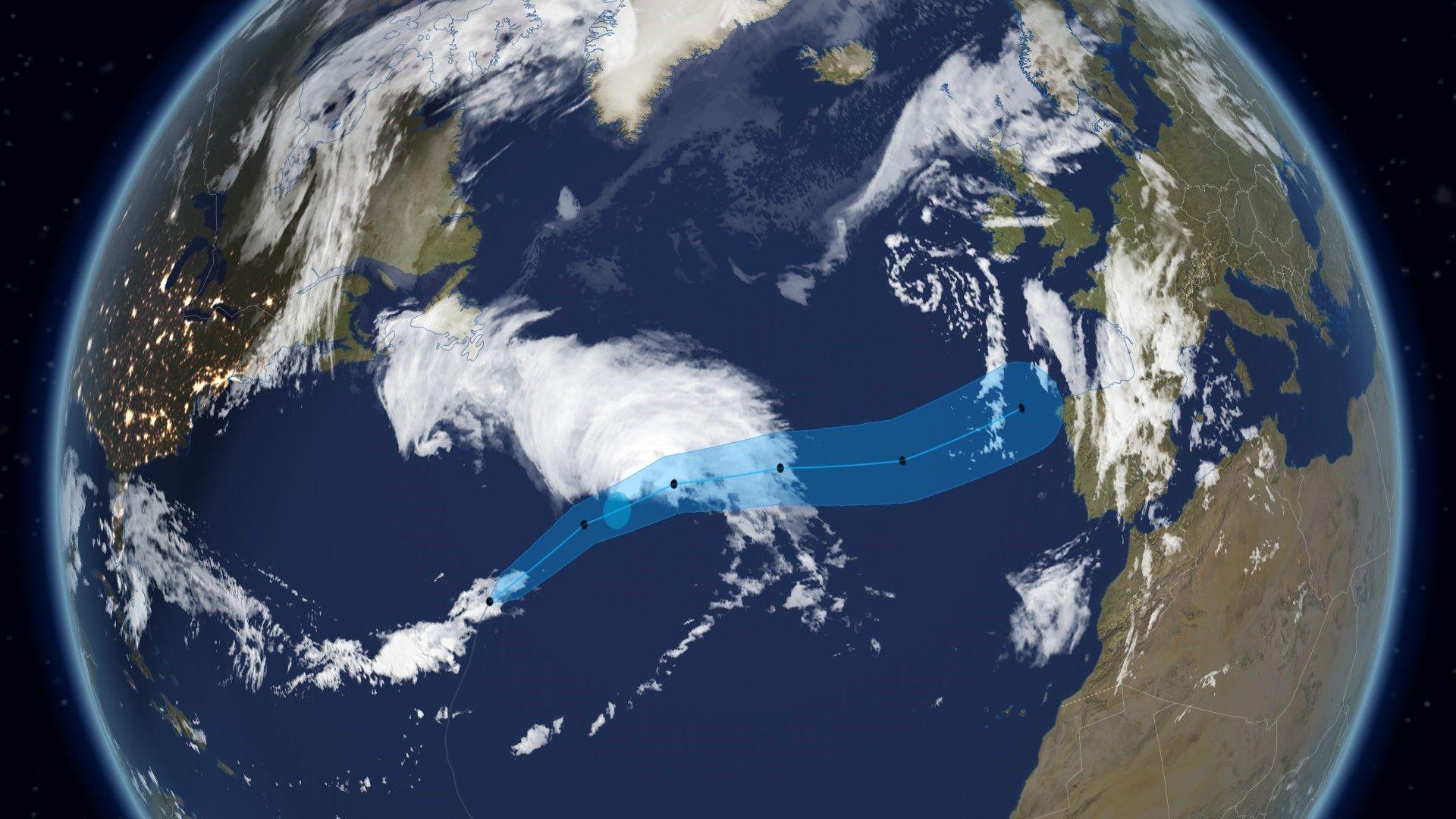 Satellite picture showing a large area of cloud in the mid-Atlantic and a forecast track heading towards western Europe