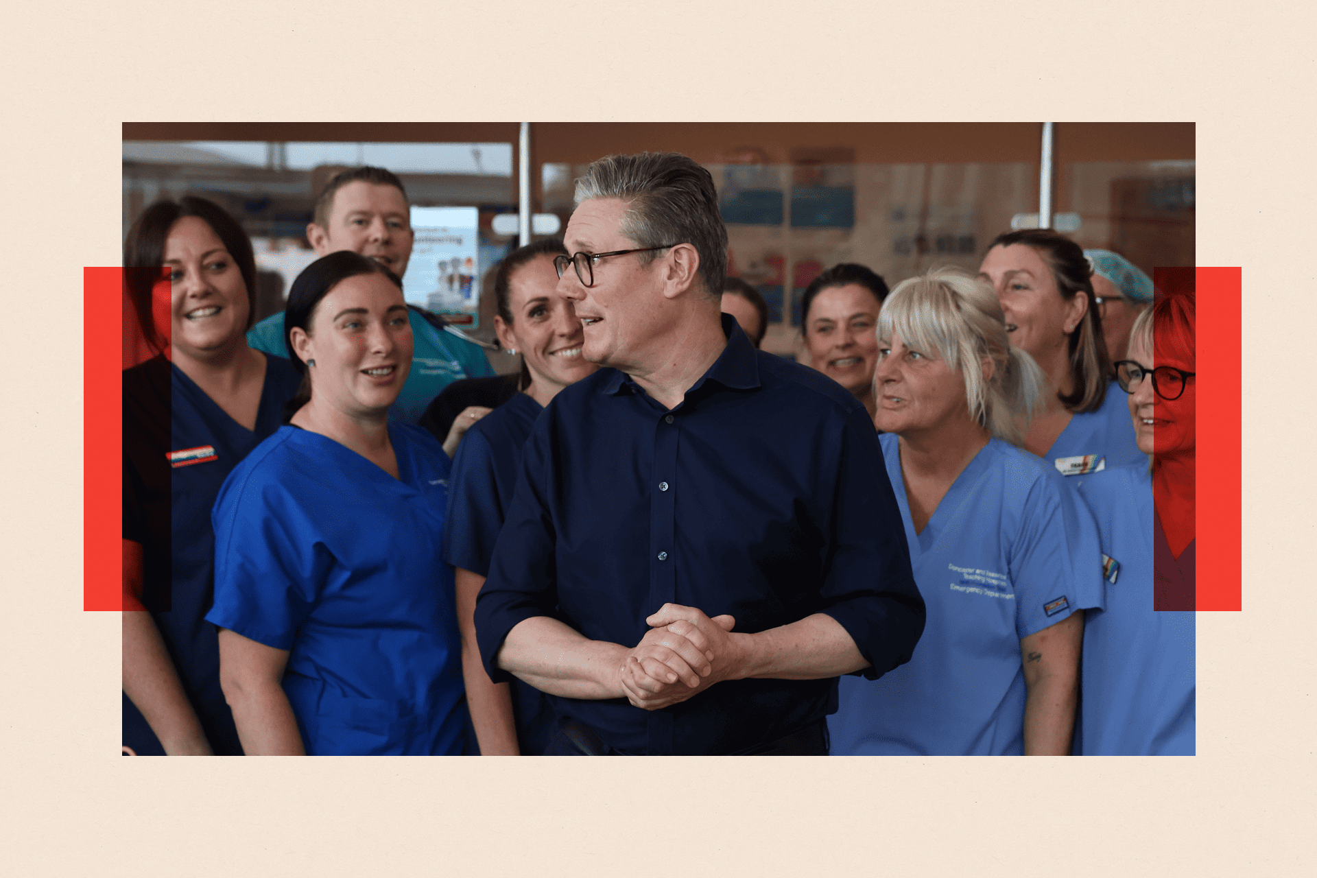 Sir Keir Starmer poses with staff as he visits Bassetlaw Hospital Nottinghamshire on 15 June 2024 in Worksop, England.