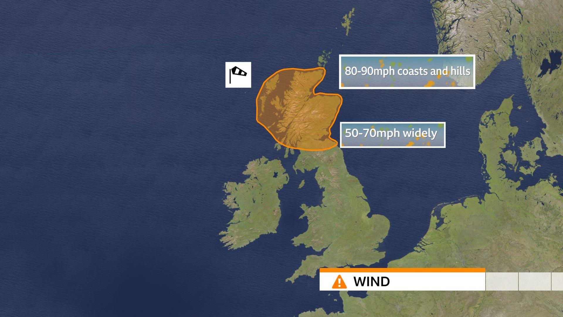 Graphic showing the area of Scotland affected by the amber wind warning