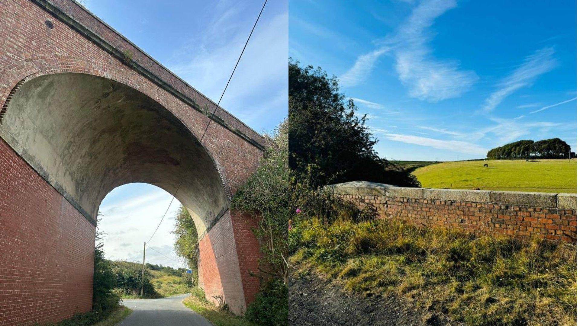 Two photos of view looking up at the bridge with the road going through the archway and the wall where Cherry fell visible at the top of the bridge. Second photo of the low brick wall where Cherry jumped over with a field in the distance