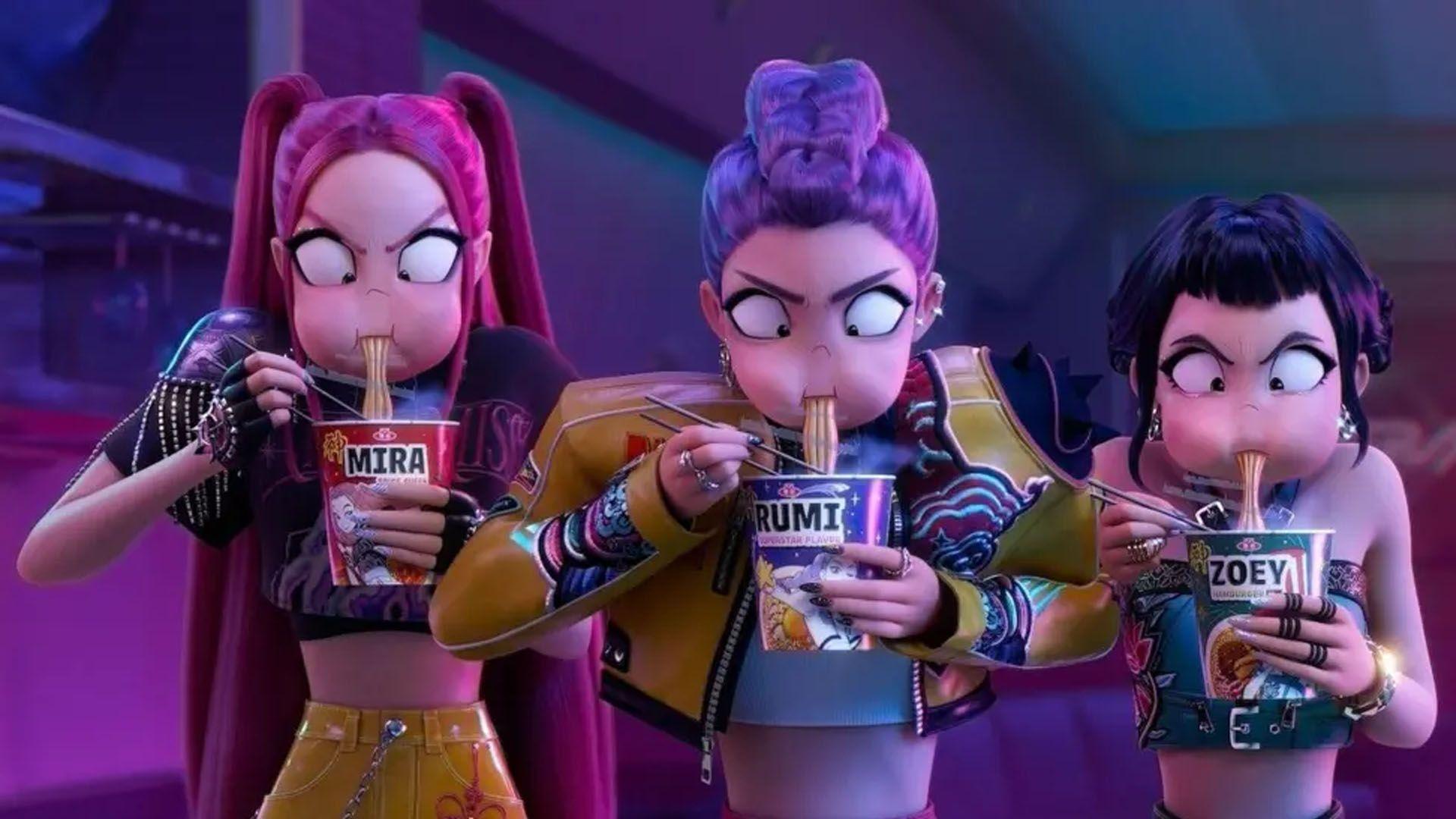 mira, rumi and zoey from kpop demon hunters eating noodles