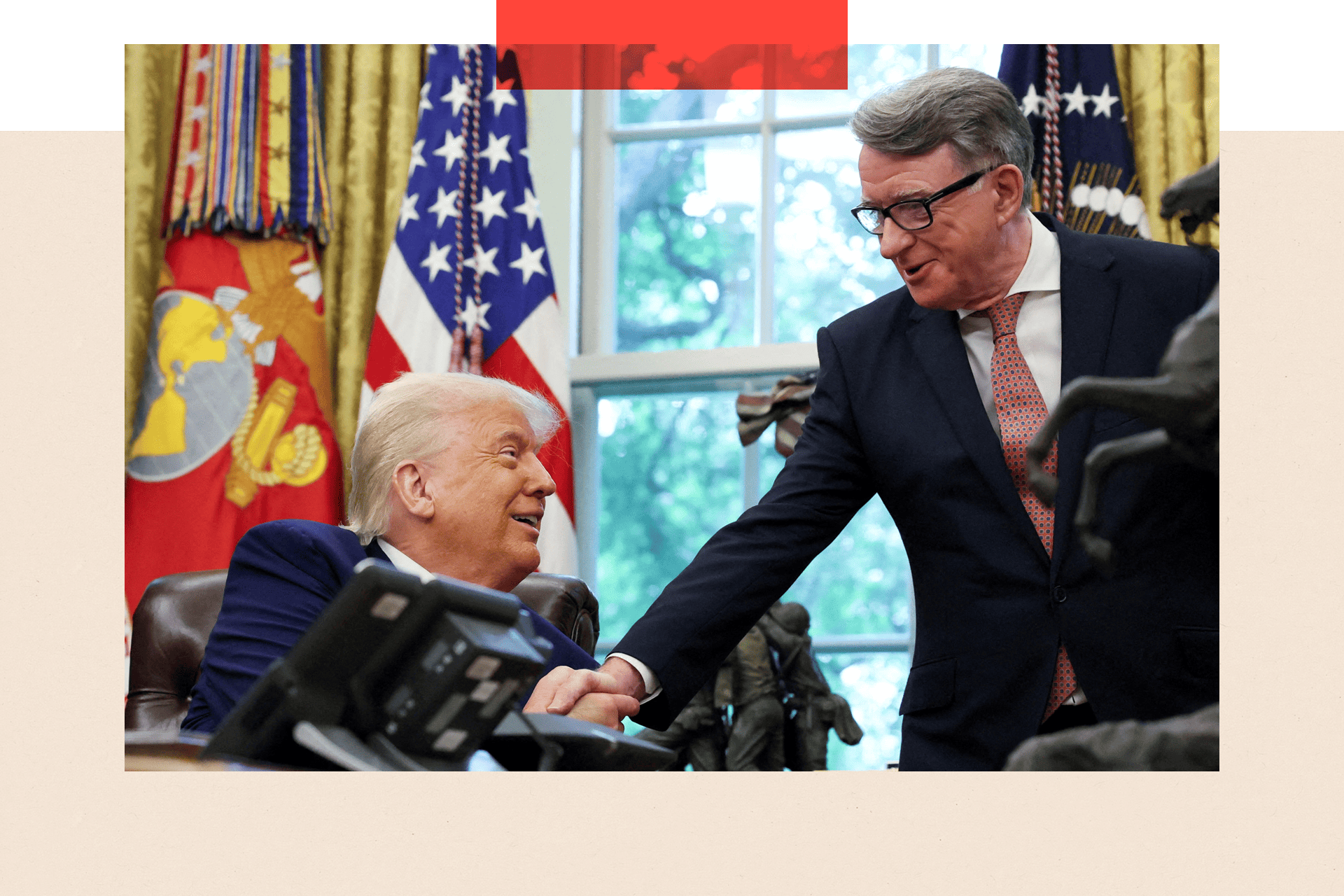 Donald Trump shaking hands with Britain's then ambassador to the United States, Peter Mandelson after announcing a trade deal with the U.K., in the Oval Office at the White House in May.