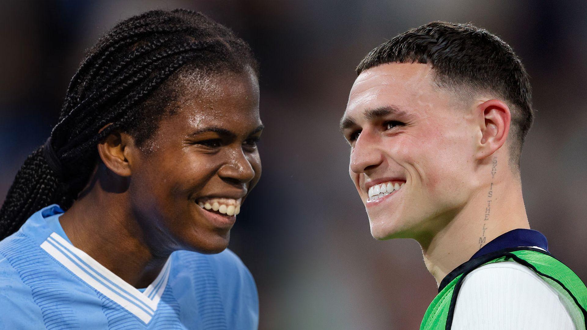 A combined image of footballers Khadija Shaw and Phil Foden, both smiling and wearing their football kits on the pitch
