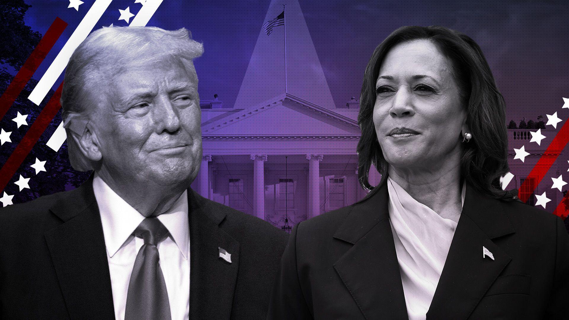 The image shows Donald Trump and Kamala Harris - presidential nominees for the 2024 election.