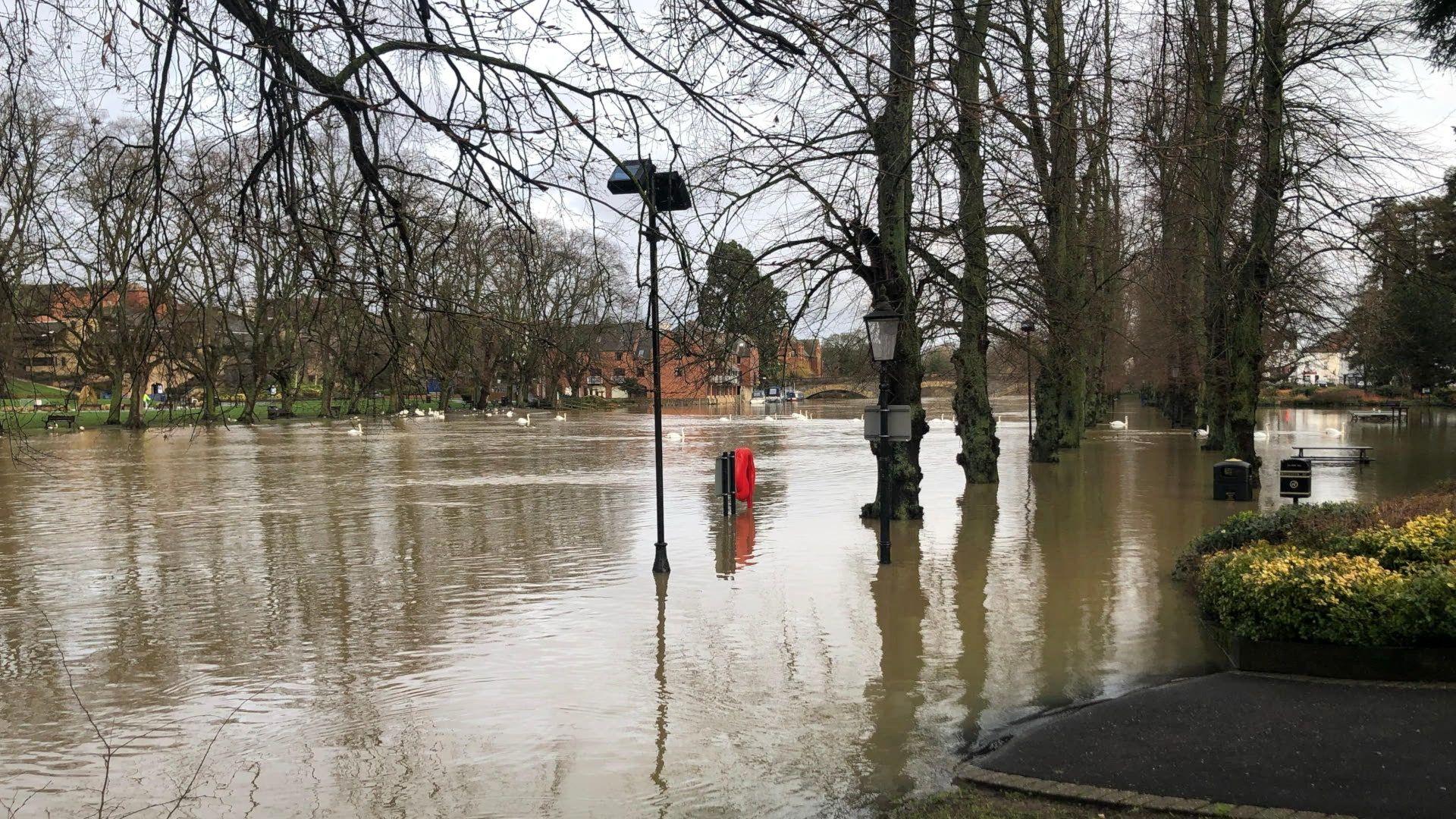 A path is submerged by water at a flooded park. There are picnic tables in the background, with water coming up to the bench part.