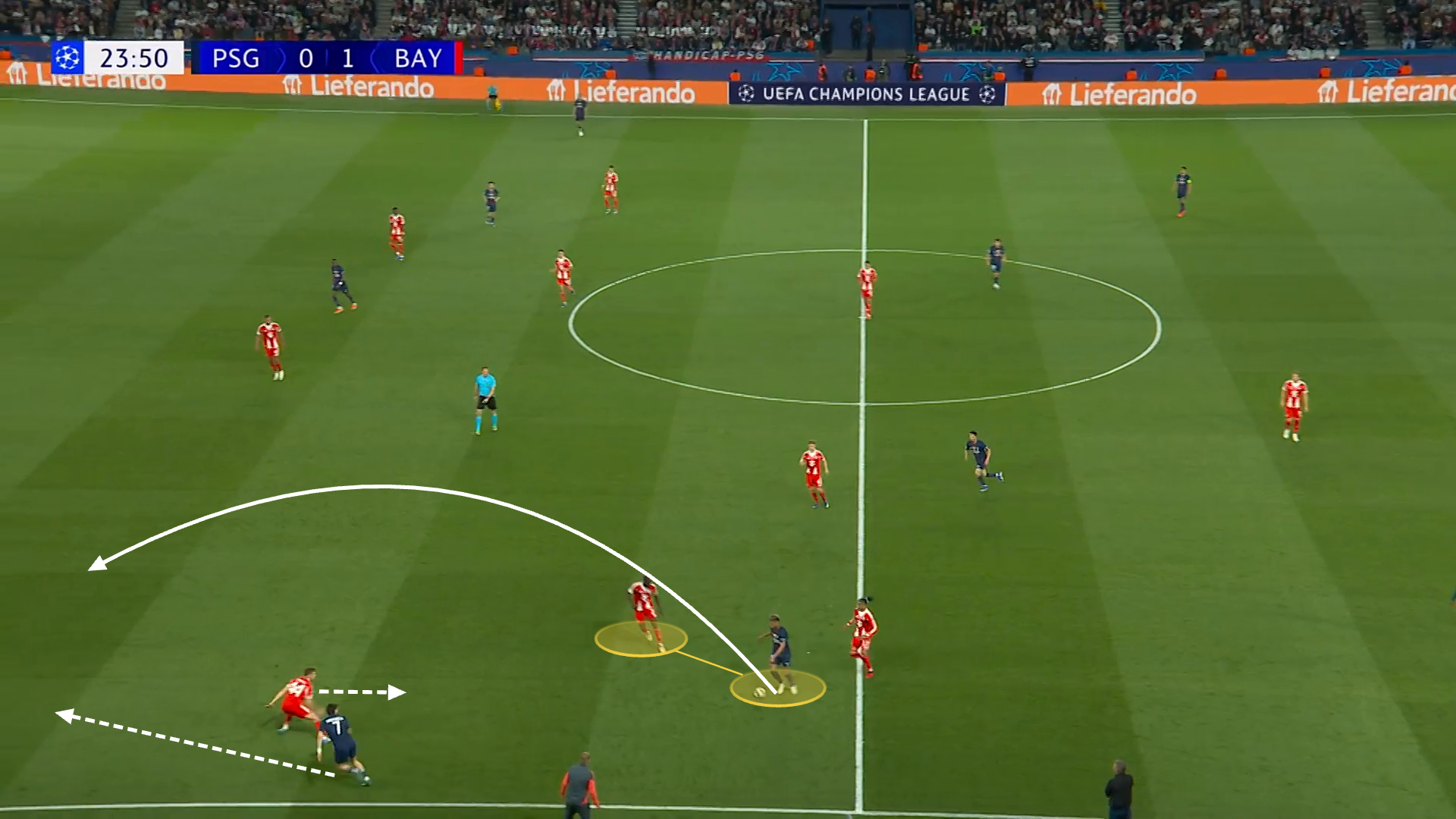 Screengrab from PSG's first goal in their home tie against Bayern this season, illustrating Doue's drop deep movement and through ball, and Kvaratskhelia's continuous feints that open up space for him to run into