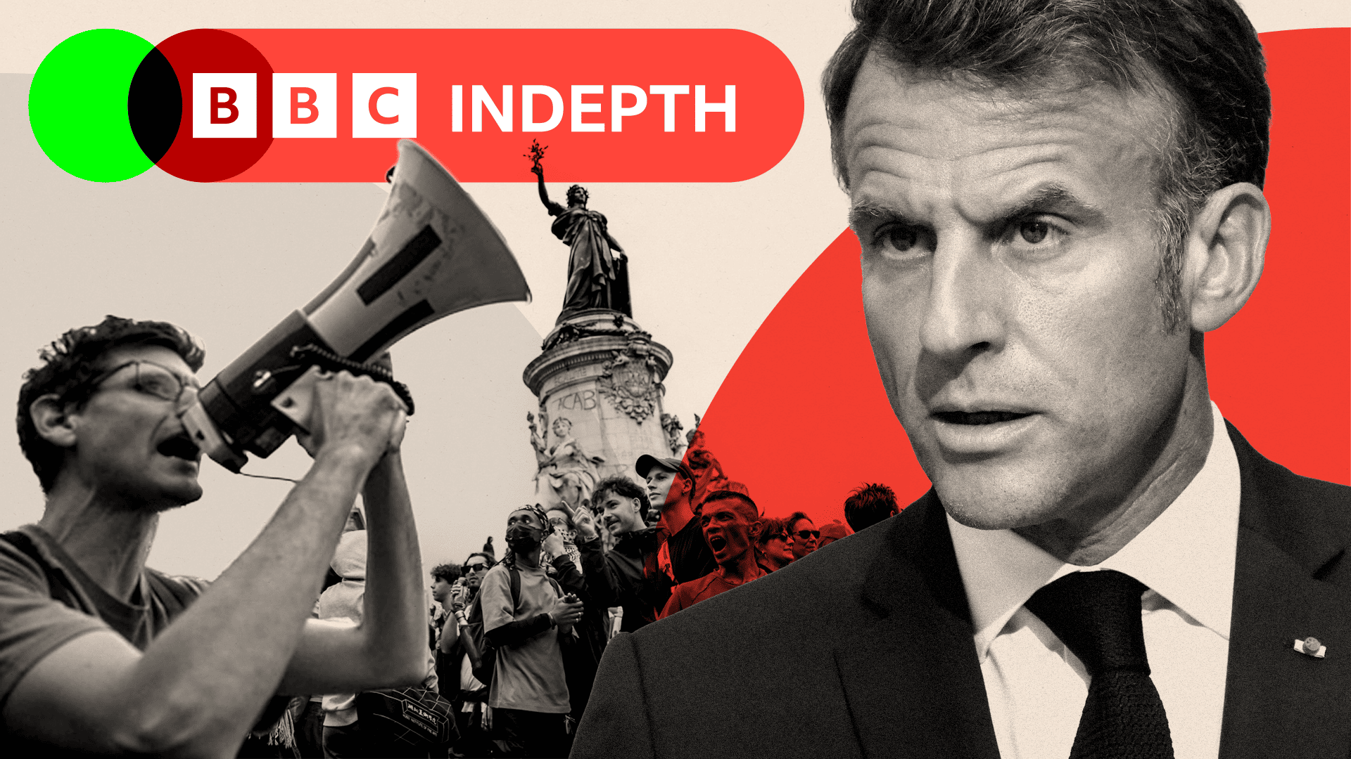 Two edited images of Emmanuel Macron and people taking part in a demonstration at the Place de la Republique square