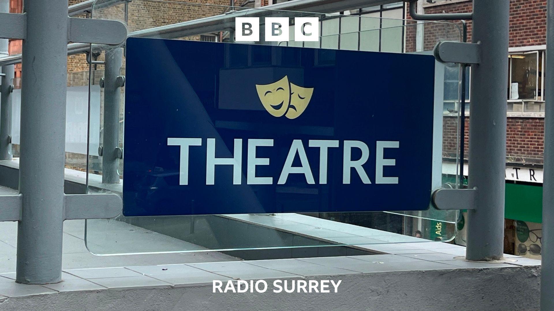 A close up of the blue theatre logo outside Redhill's Harlequin. It is mounted on a glass balcony panel.