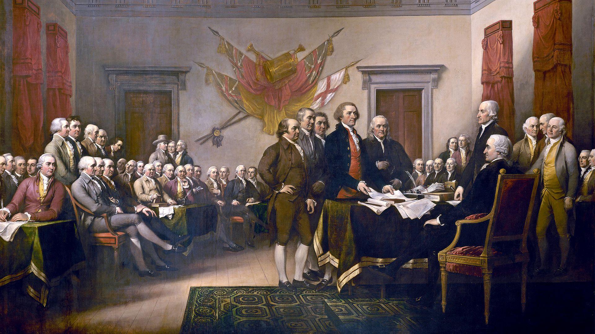 A painting by John Trumbull made in 1818 depicting the Committee of Five (John Adams, Roger Sherman, Robert Livingston, Thomas Jefferson, and Benjamin Franklin) presenting their draft of the Declaration of Independence