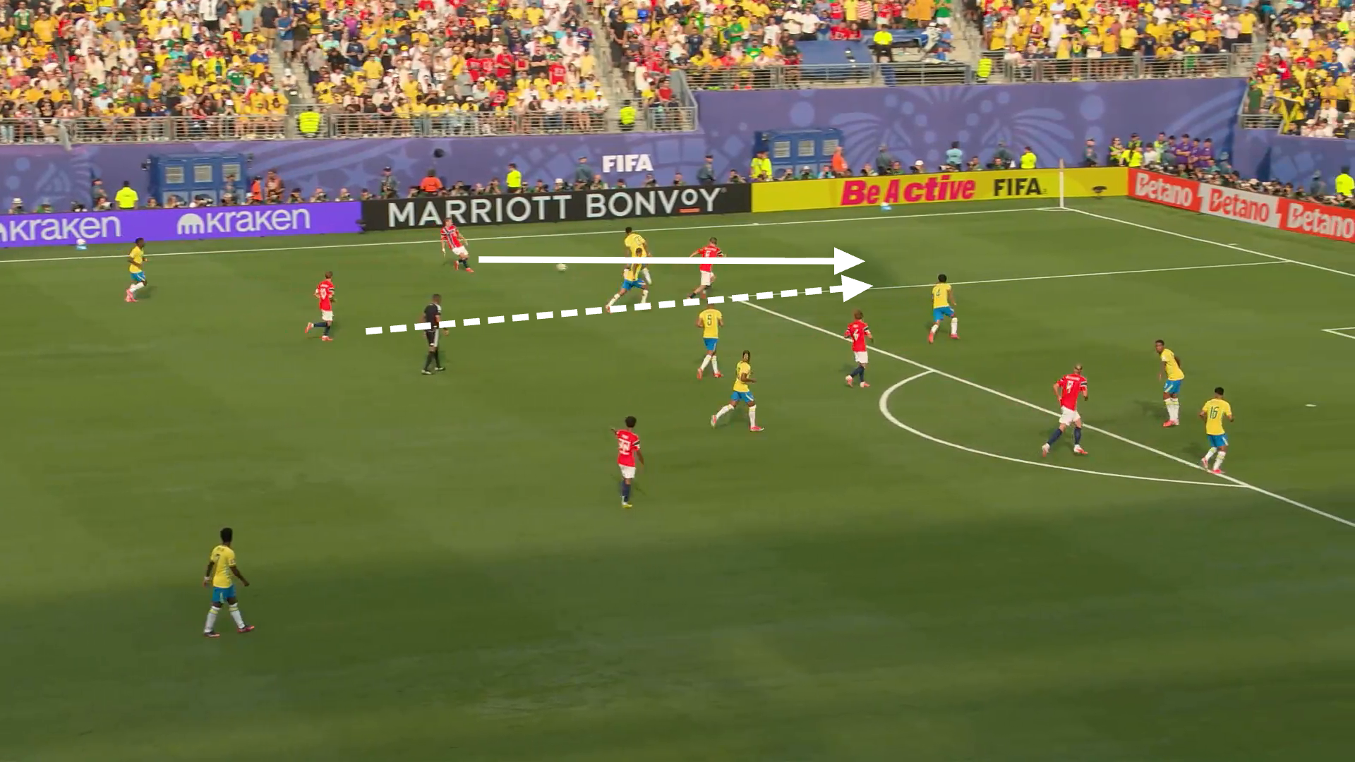 A screen grab from Norway vs Brazil showing Møller Wolfe’s underlapping run in the final third. 