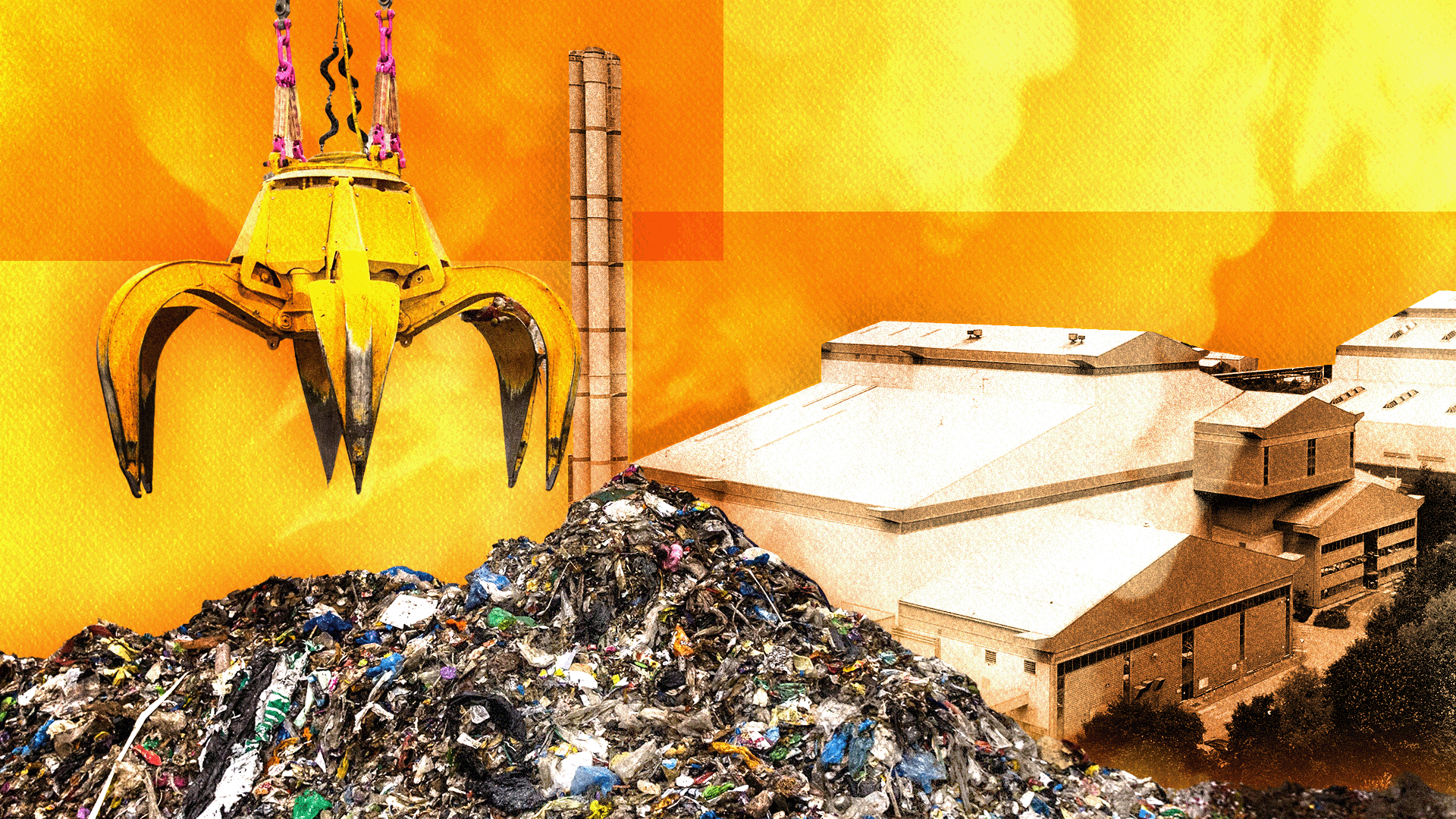 A composite image showing a mechanical claw hovering above a pile of rubbish and a waste incinerator plant, all on a background suggesting yellow flames.