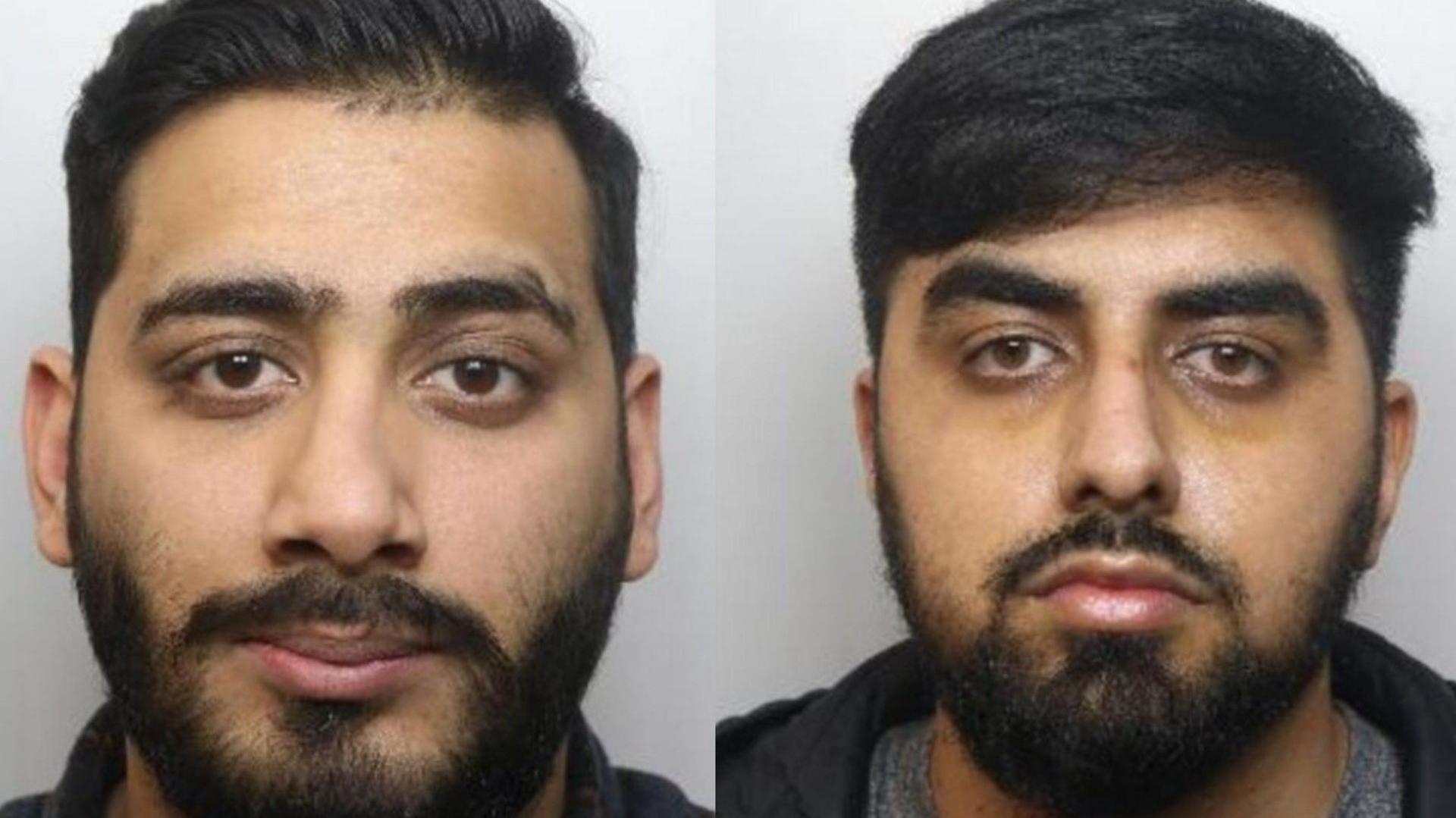 Both have black hair, brown eyes and facial hair. Ahmed's hair appears combed over to one side while Muhammad's hair is falling over his forehead.