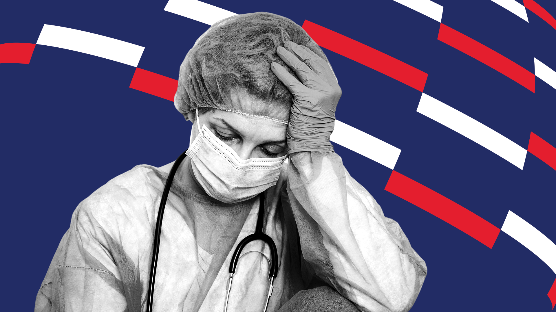 A designed image of a healthcare worker in scrubs with her head resting on her hand
