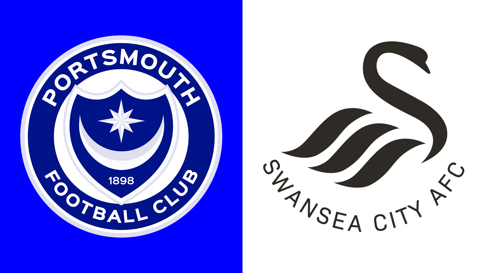 The Portsmouth and Swansea City club badges side by side. Portsmouth's is on a blue background with a star and a horizontal half moon inside a shield which is inside a circle with the words Portsmouth football club written inside it. Swansea have the outline of a swan drawn in black with Swansea City AFC written under it on a white background