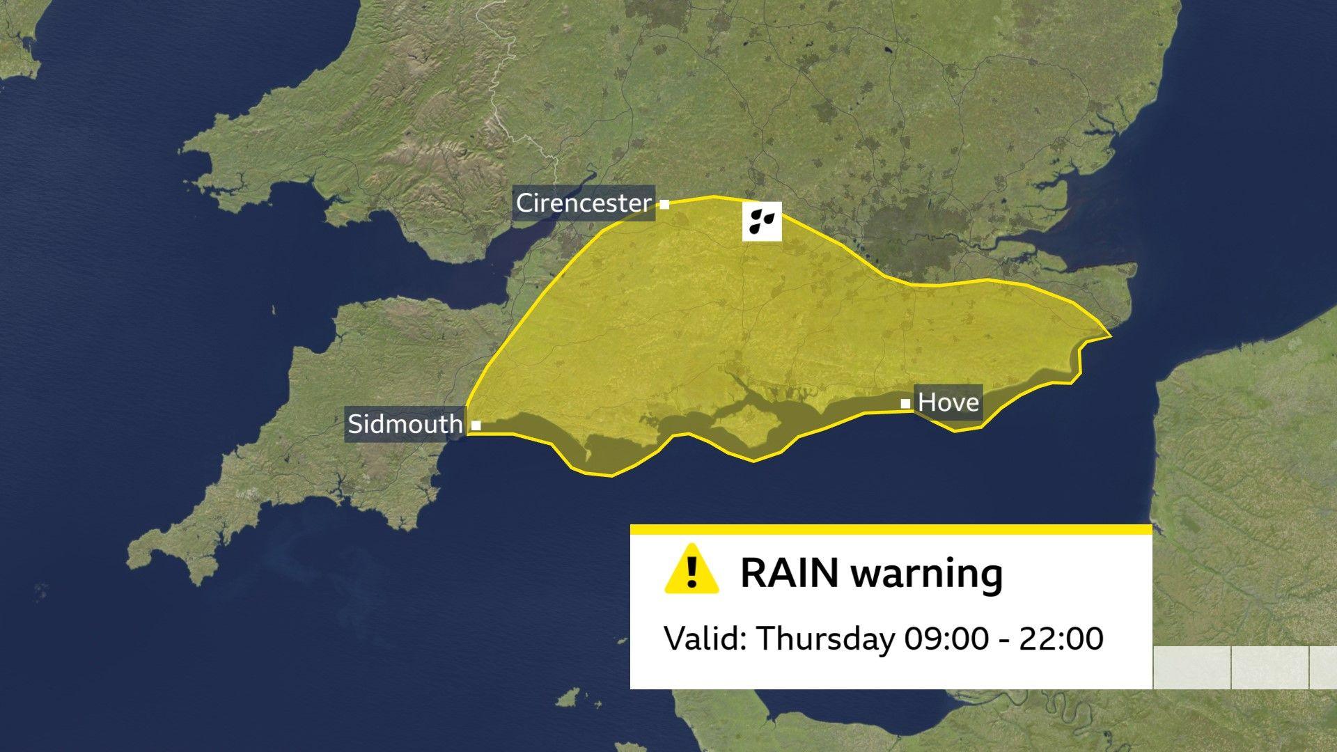 Map of southern England showing yellow rain warning zone.