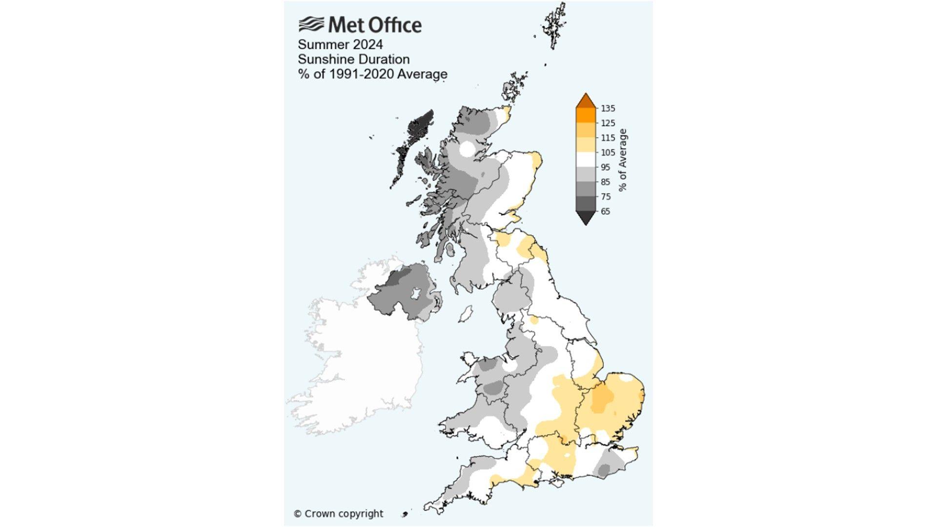 Map of UK with grey in the west showing low sunshine duration and yellow in the east showing higher amounts of sunshine 