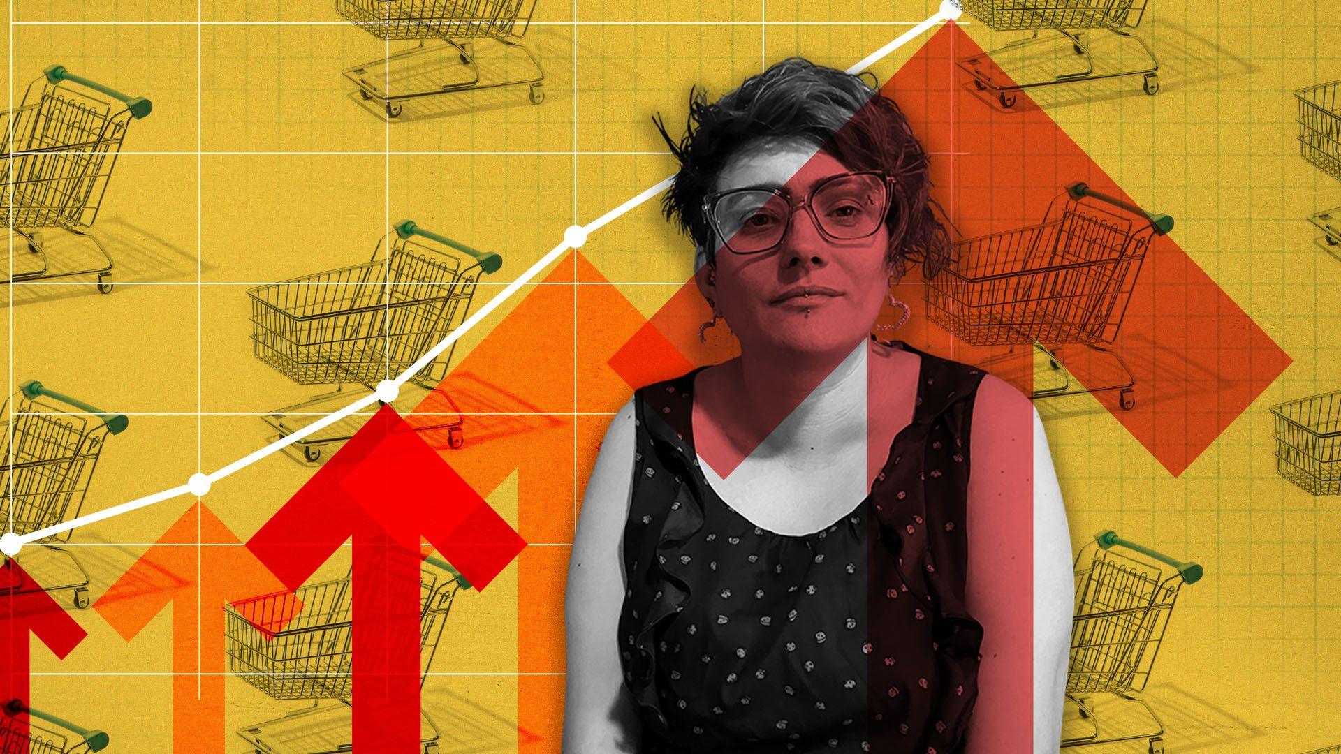 Design with yellow background, shopping trollies, red arrows pointing upwards and Abi, a woman wearing glasses and a sleeveless top 