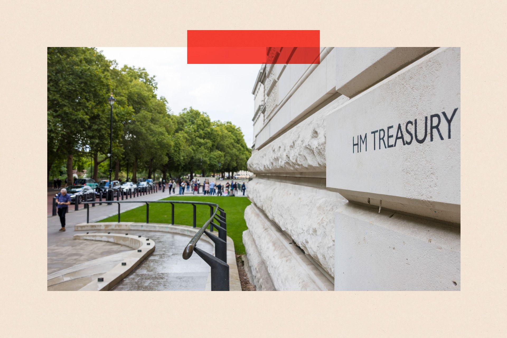 A sign outside the HM Treasury building in the Westminster area in central London, UK