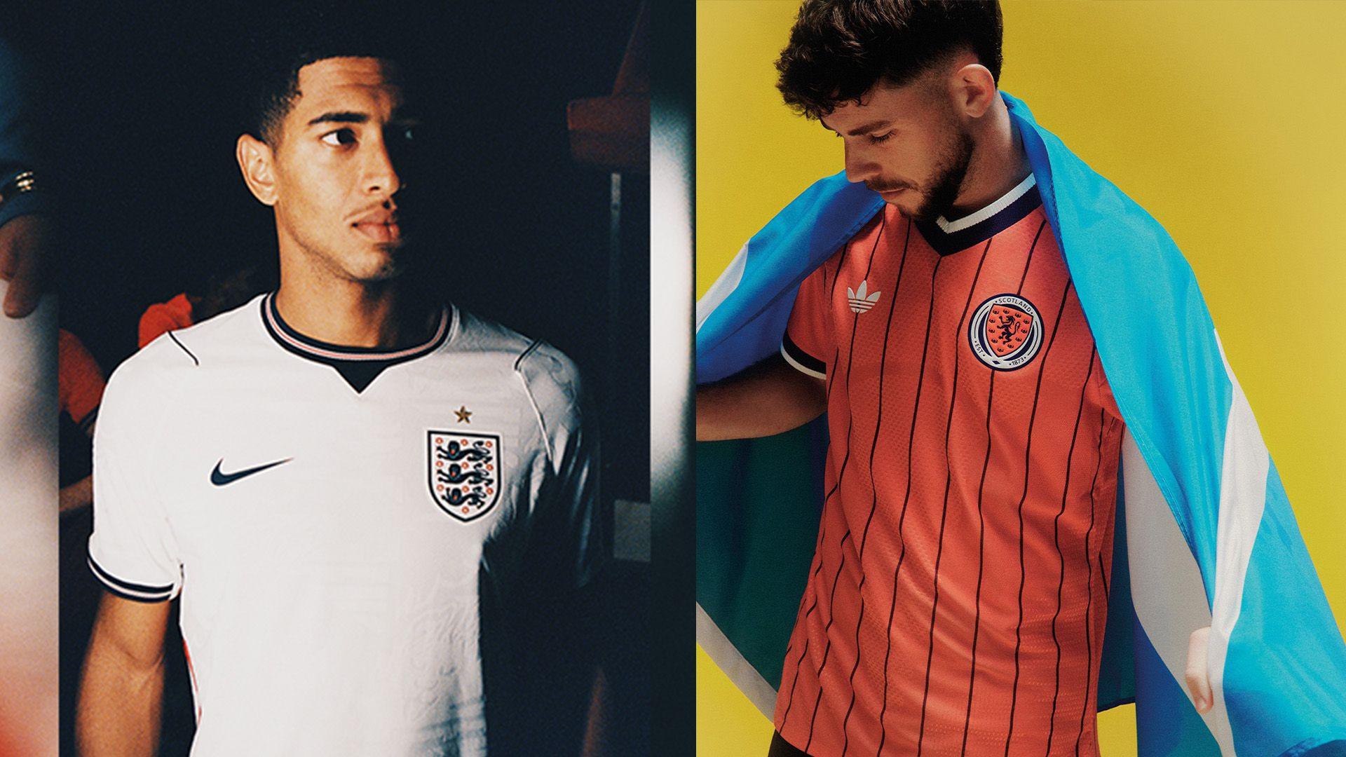On the left Jude Bellingham wears a white England shirt. On the right a Scottish player wear a salmon coloured shirt with black stripes