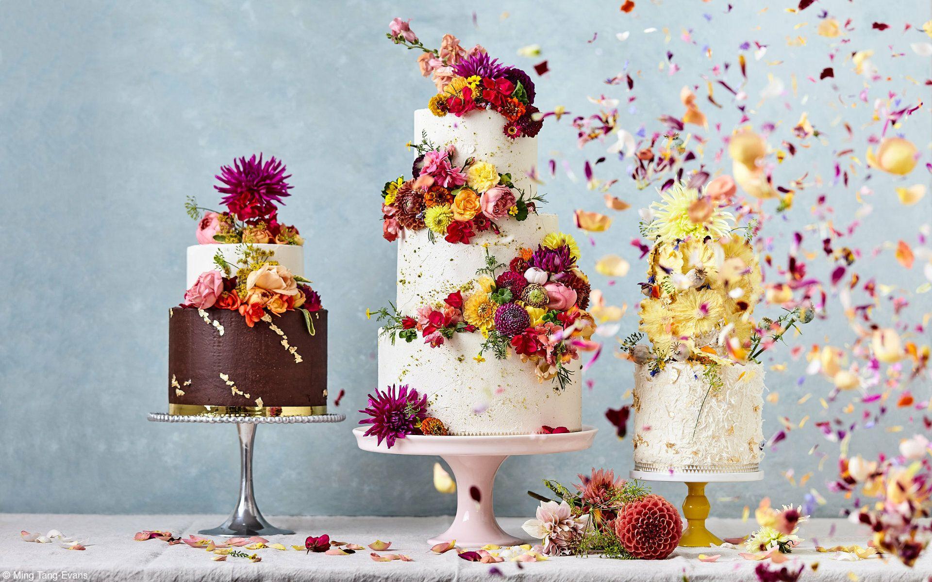 Three decorated cakes with floral designs captured on camera, as petals floating in the air