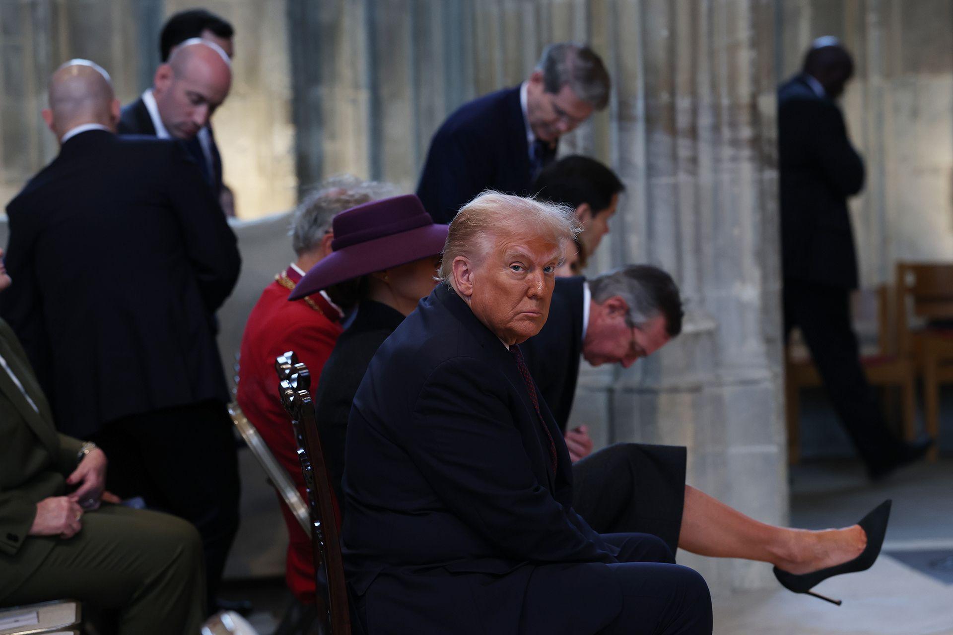 First Lady Melania Trump and US President Donald Trump arrive at St. George’s Chapel during the State visit by the President of the United States of America at Windsor Castle on September 17, 2025 in Windsor