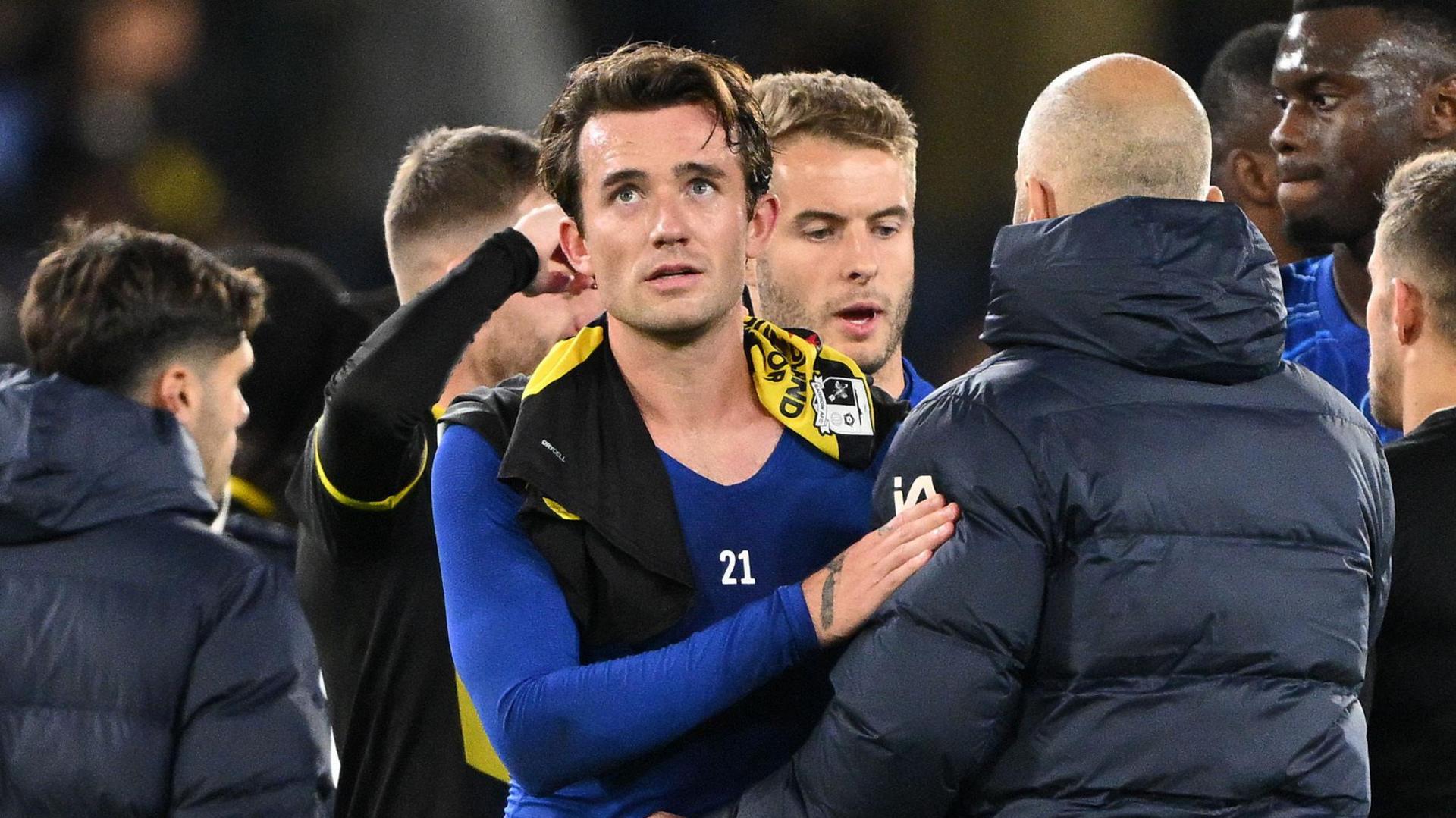 Chelsea defender Ben Chilwell and boss Enzo Maresca embrace after their Carabao Cup win over Barrow