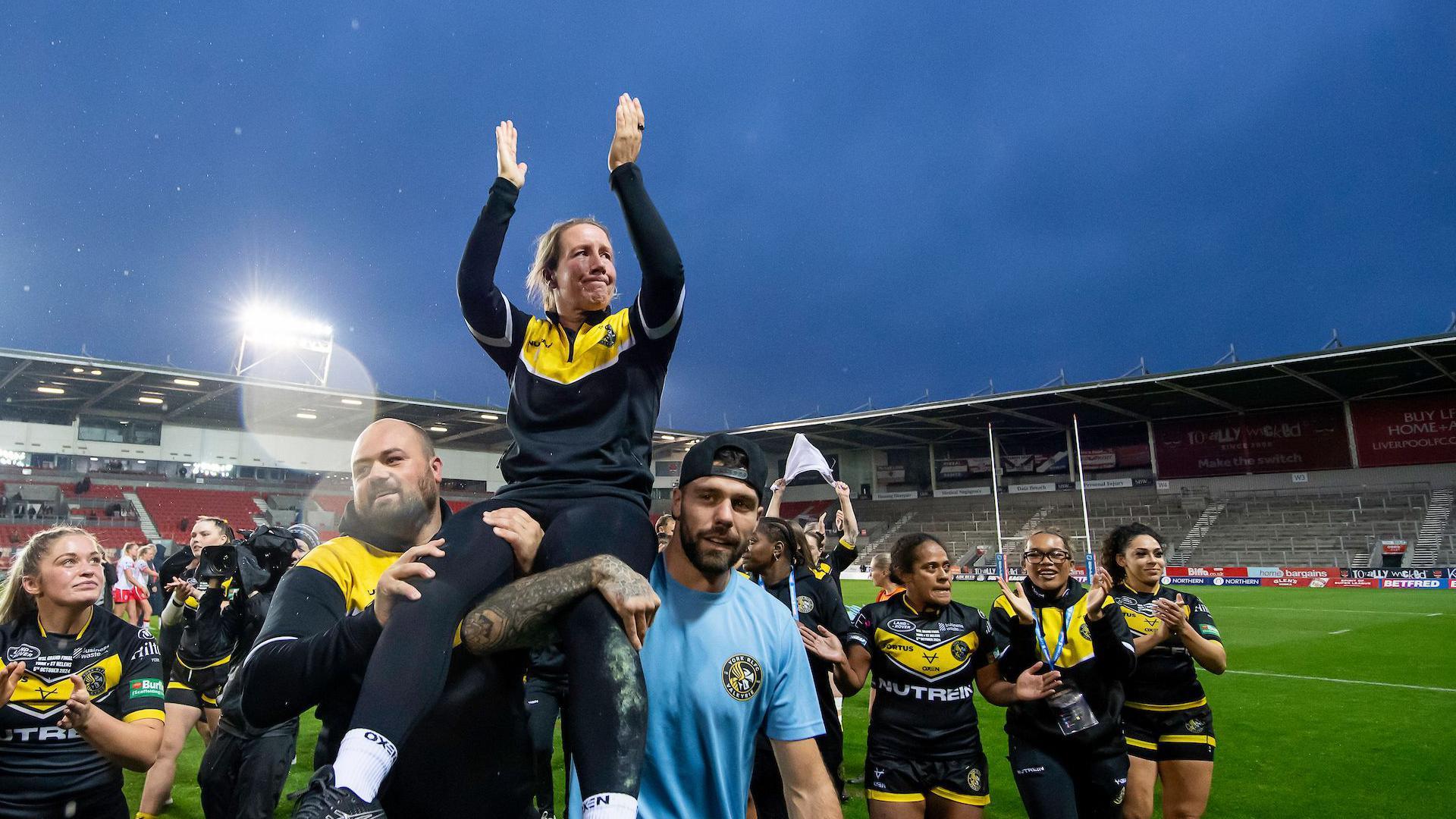 York Valkyrie boss Lindsay Anfield is held aloft as she celebrates winning the 2024 Women's Super League Grand Final