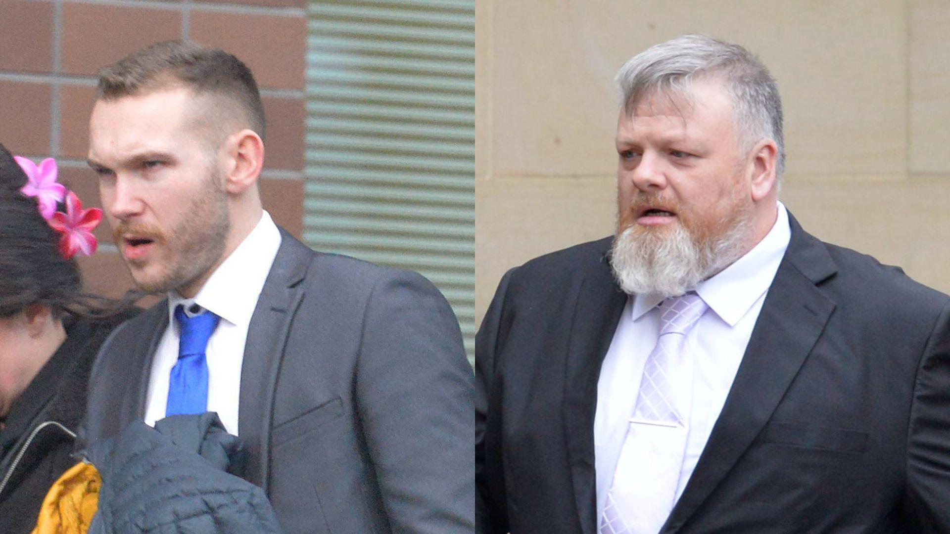 Two men in grey suits walk into court, both wearing smart shirts and ties. Both have short hair with groomed facial hair.