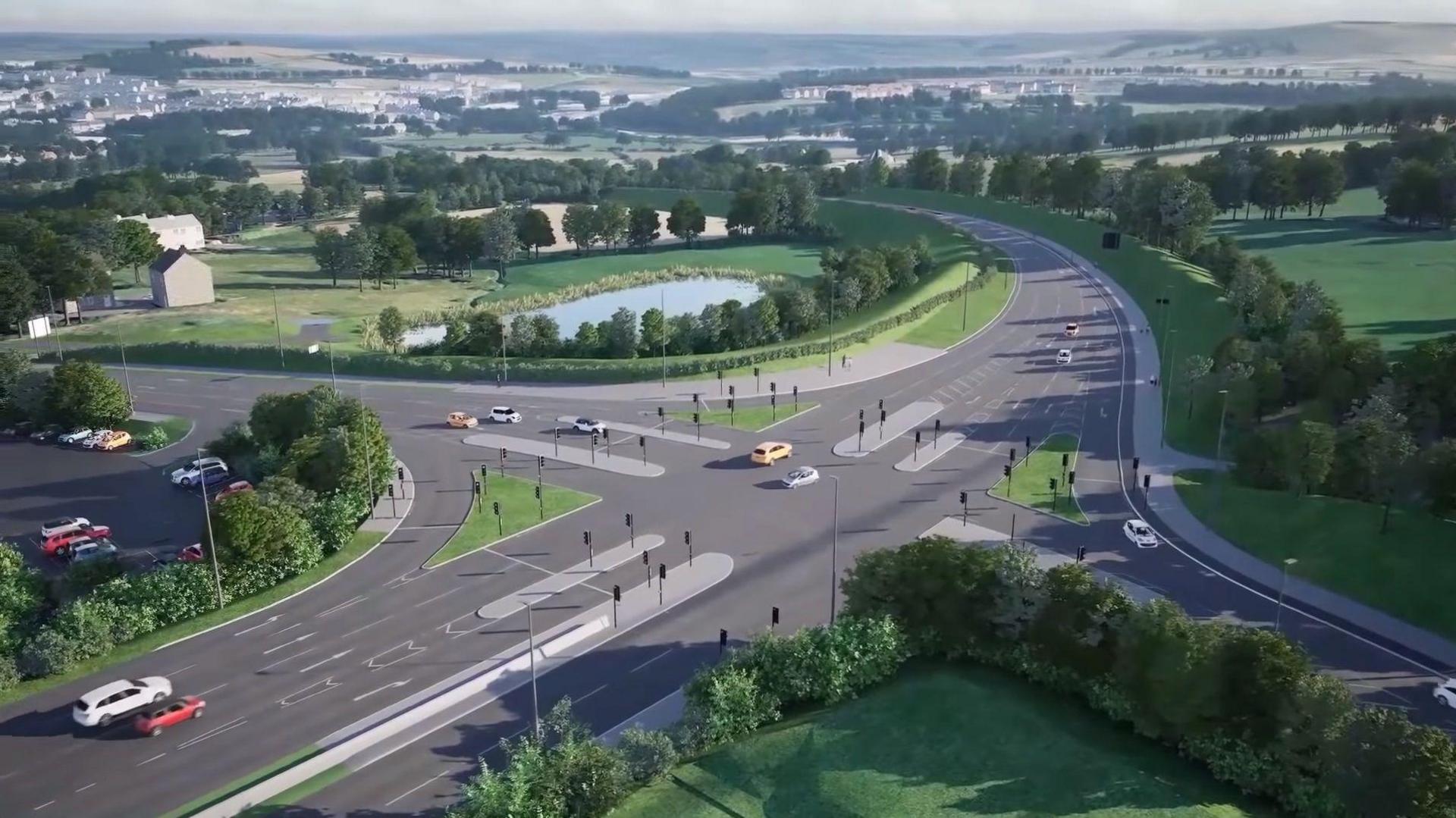 An artist impression of a junction with rolling fields in the background