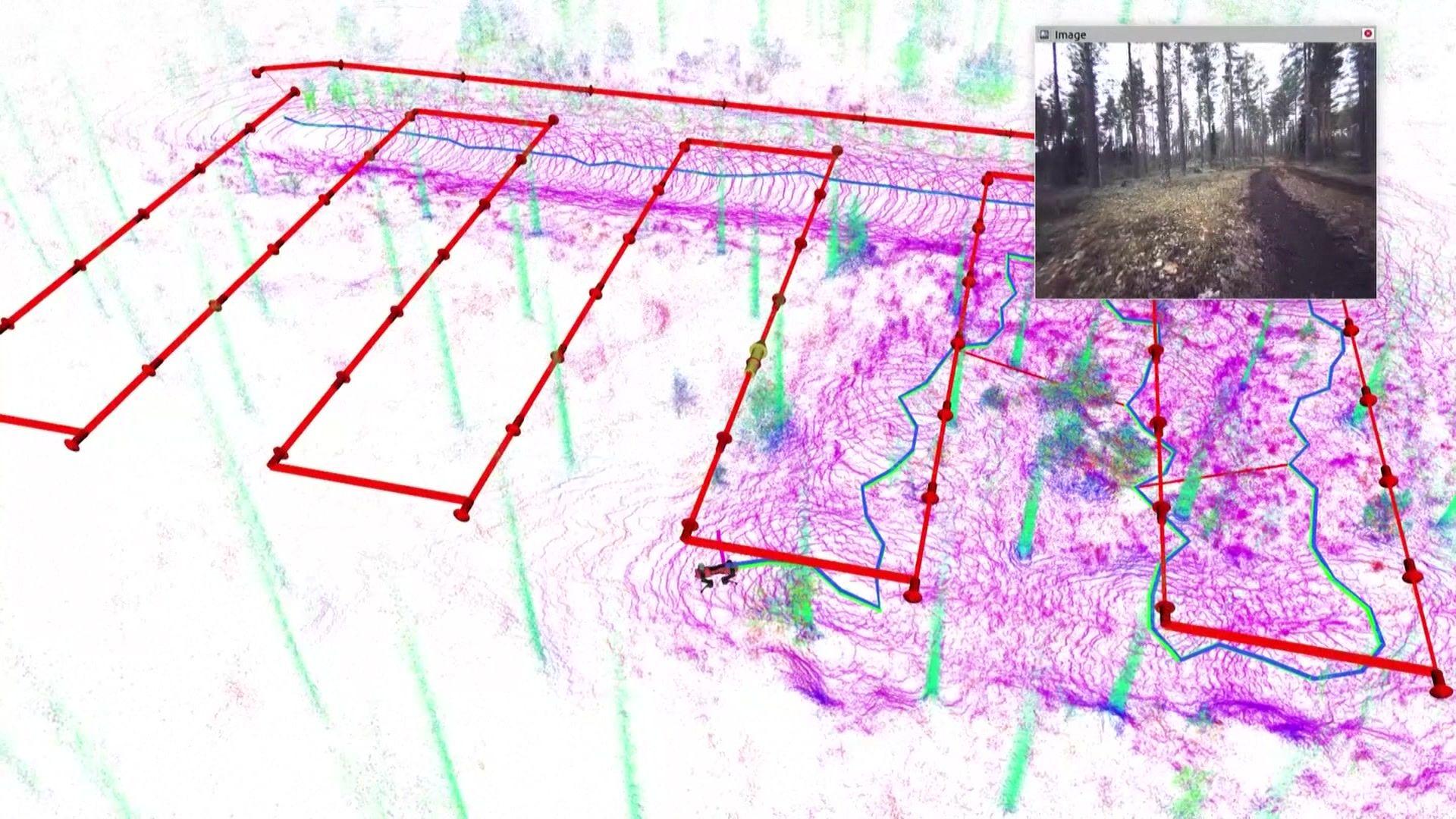 A digital map showing terrain and trees in faded green, with red lines, and a small icon of a robot's path