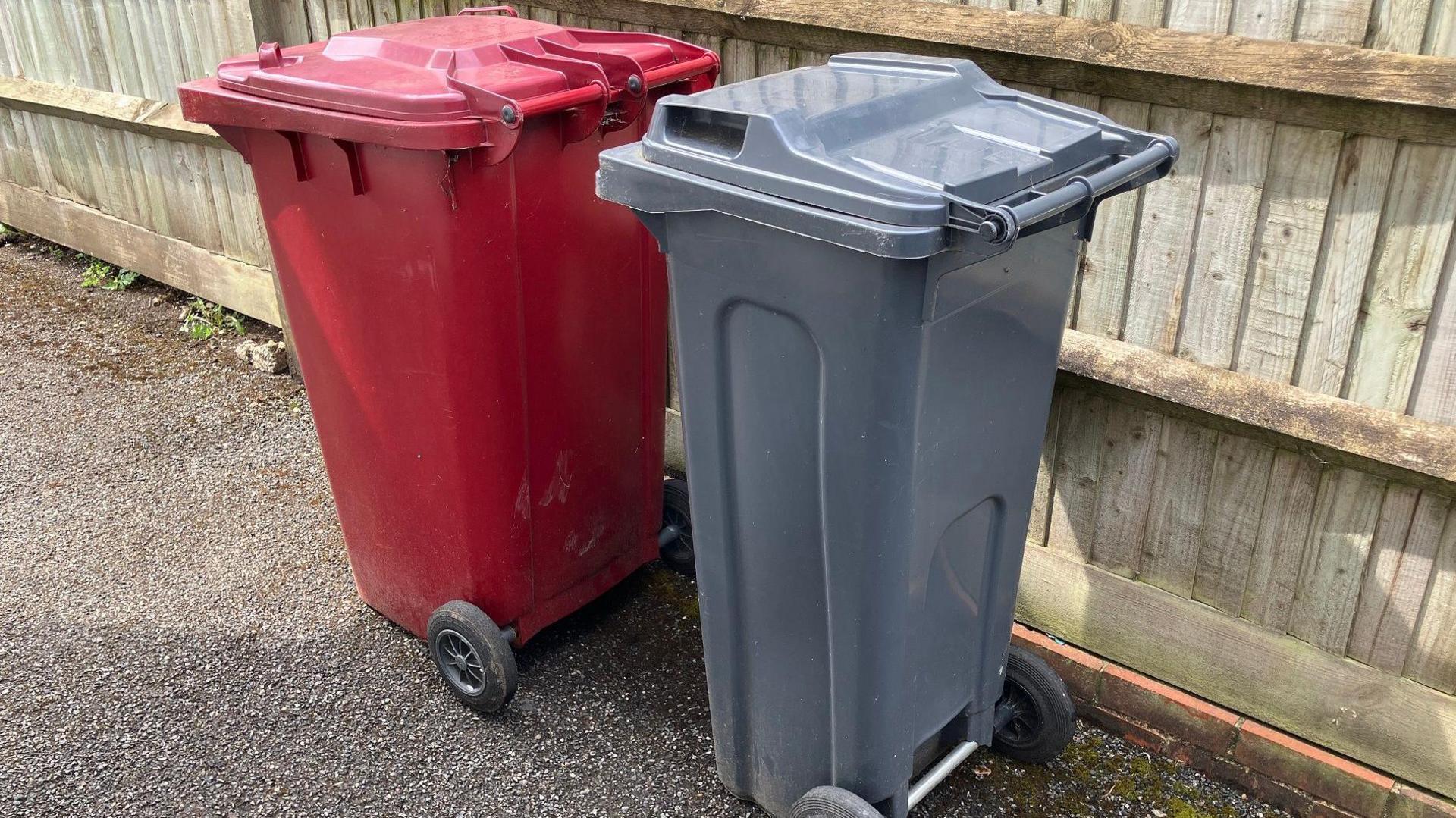 A red wheelie bin on the left, a grey wheelie bin on the right. The stand on tarmac against a wooden fence. 