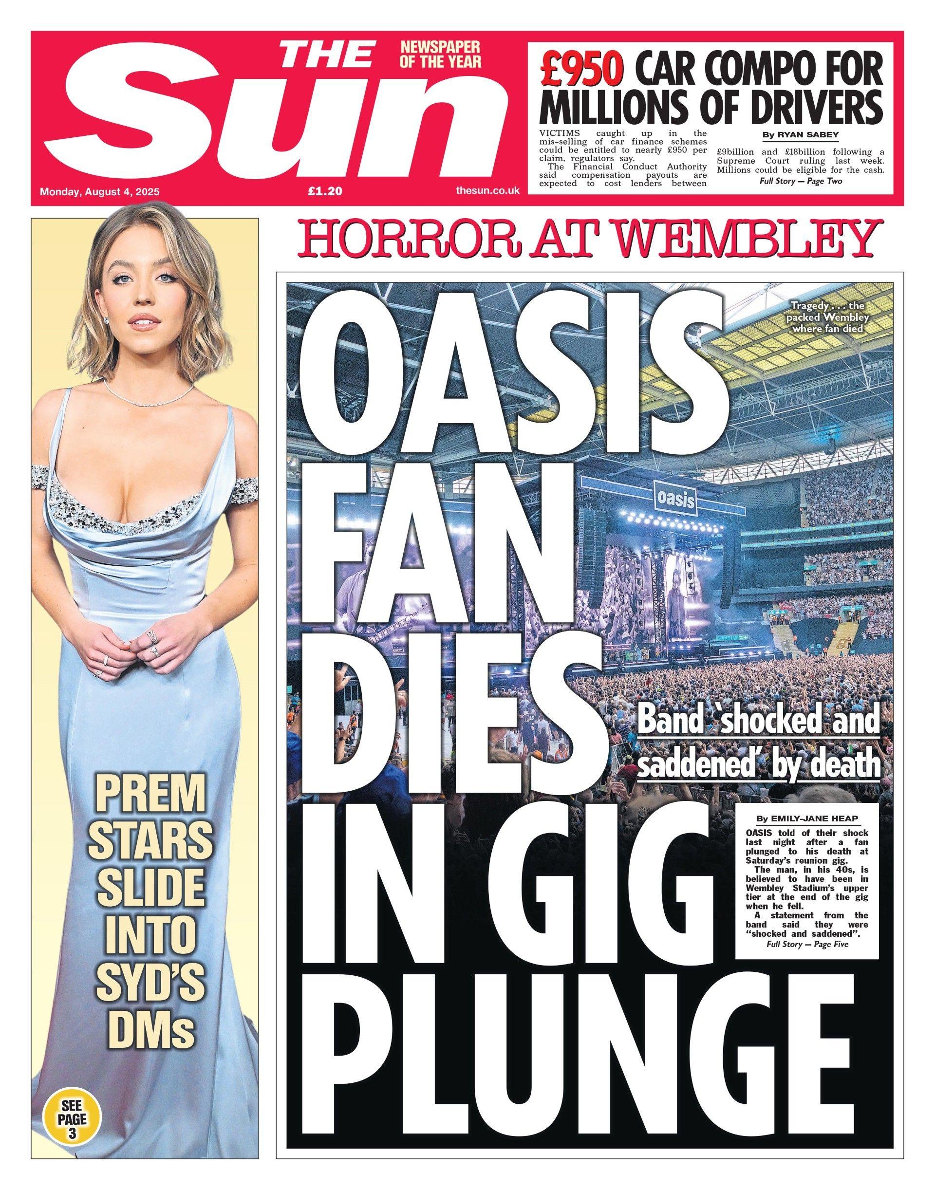 The Sun's headline says "Oasis fan dies in gig plunge" 