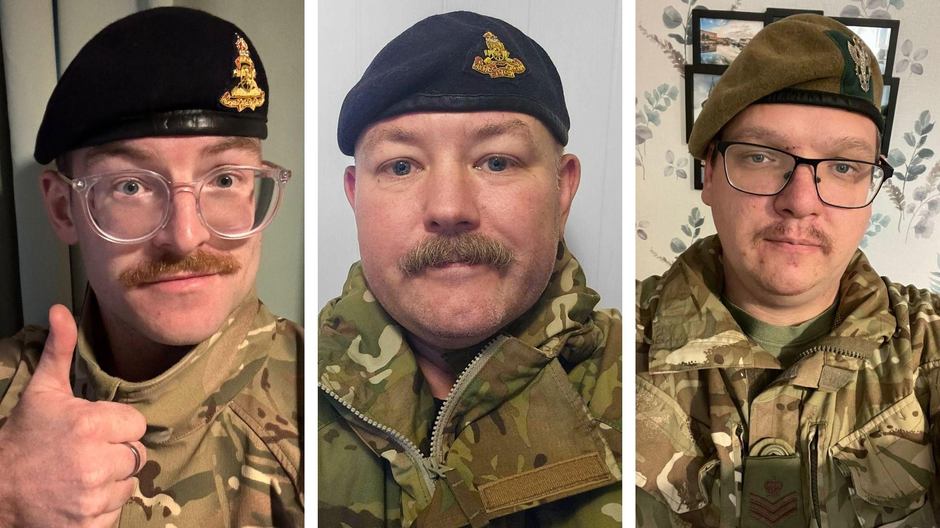 Three men in a composite image are wearing army combat uniforms and looking at the camera. All three have moustaches. The man on the left image is holding his thumb up and wearing glasses. The man on the right is also wearing glasses.