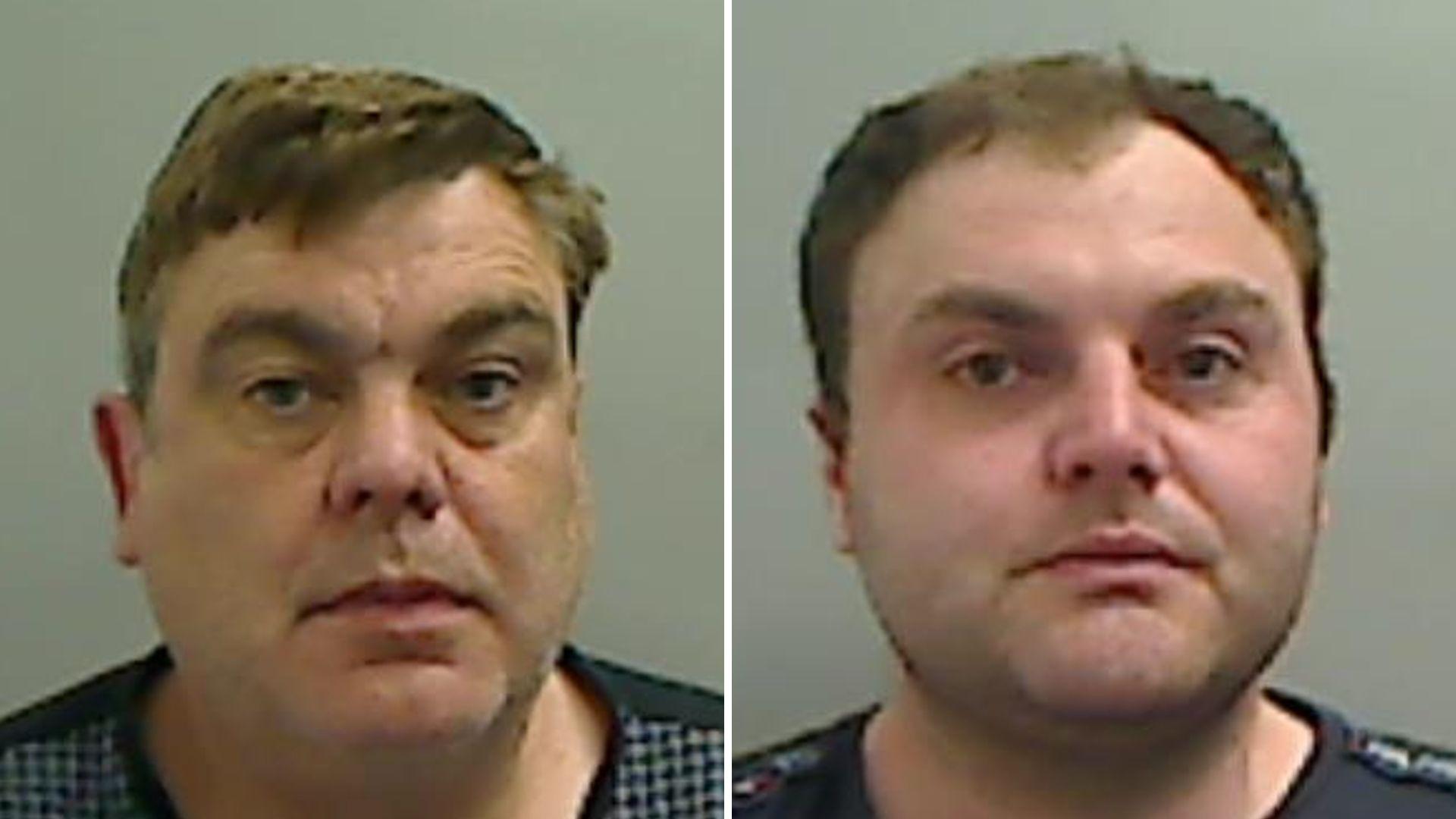 Mugshots of two men, one older with light brown hair and the other younger with dark hair.